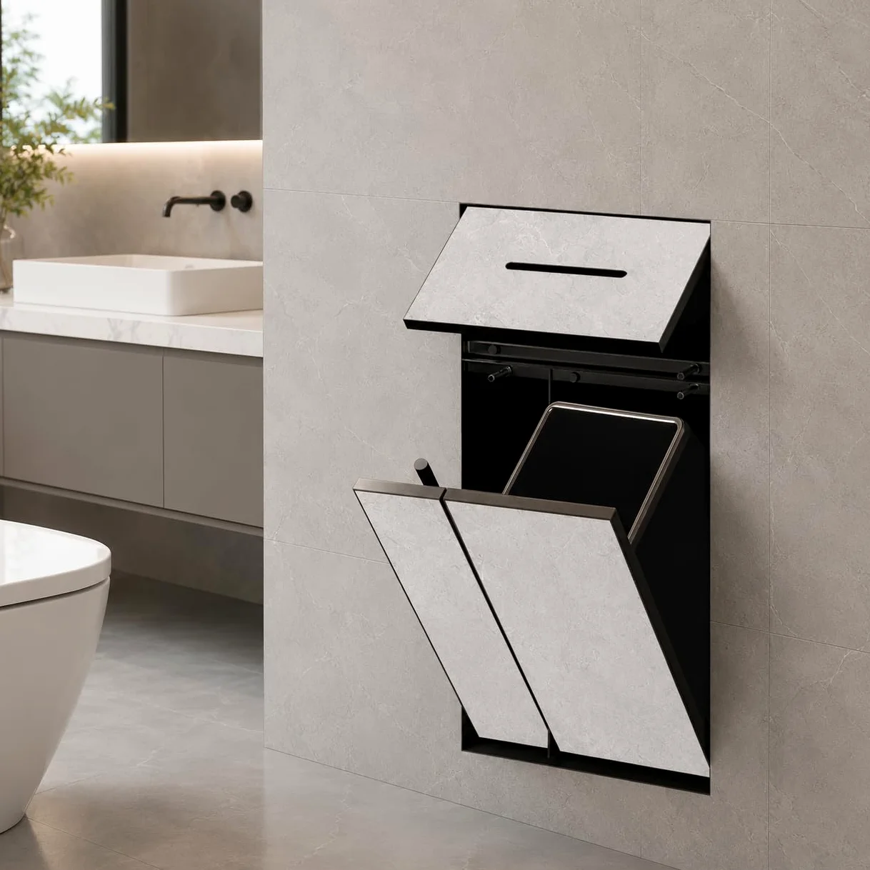 Porta Carta igienica da Incasso 3 in 1, con pattumiera e Porta scopino | Acciaio inossidabile 304, parte anteriore piastrellabile, design pop-up senza maniglie Design salvaspazio Bellezza per bagno