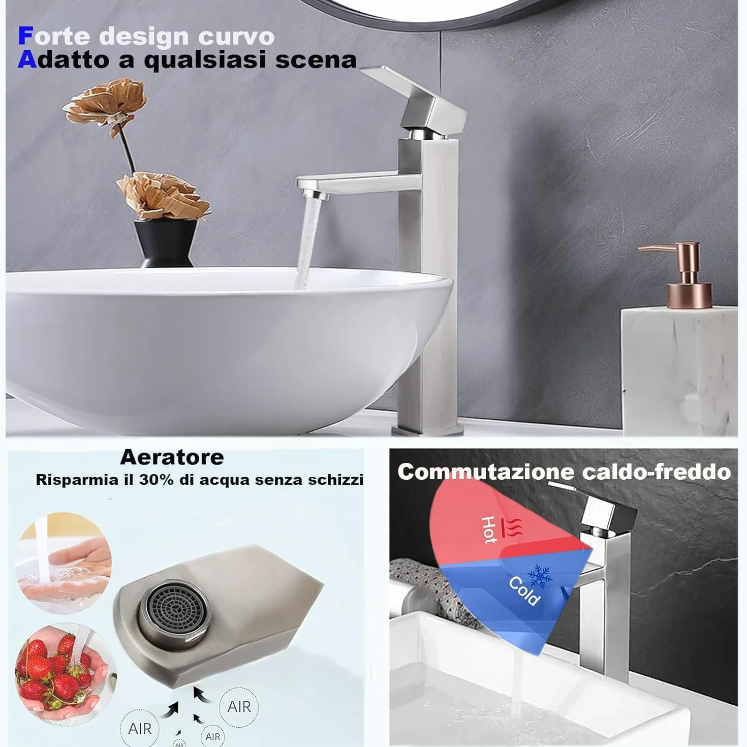 rubinetto di miscelazione in acciaio inox caldo e freddo di alto stile, antigoccia con miscelatore monocomando silenzioso per bagno, lavabo, piccola cucina (spazzolato-h)
