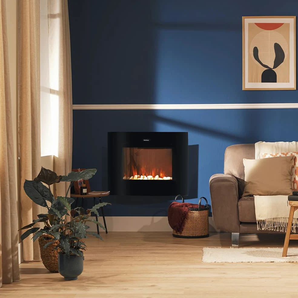 Cecotec Camino Elettrico Decorativo 35” con Telecomando e Wifi ReadyWarm 3560 Curved Flames Connected. Massima Potenza 2000W, 2 Intensità, Pannello Curvo Cristallo Temperato, Fiamma Regolabile, Timer