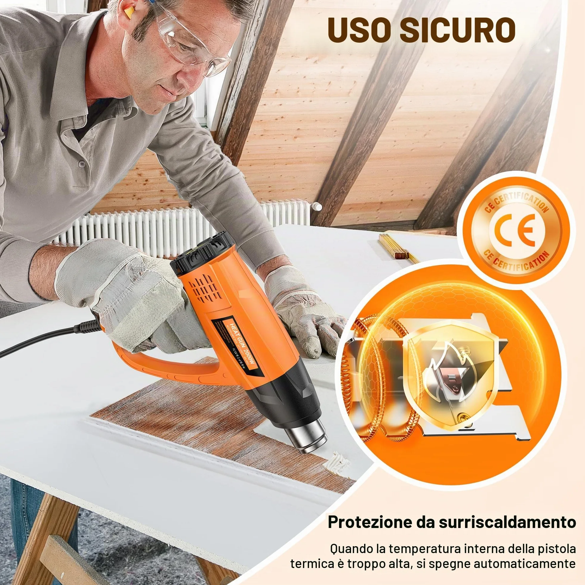 SEEKONE Pistola Termica 2000W Professionale 60-600°C Regolabile con 7 Accessori