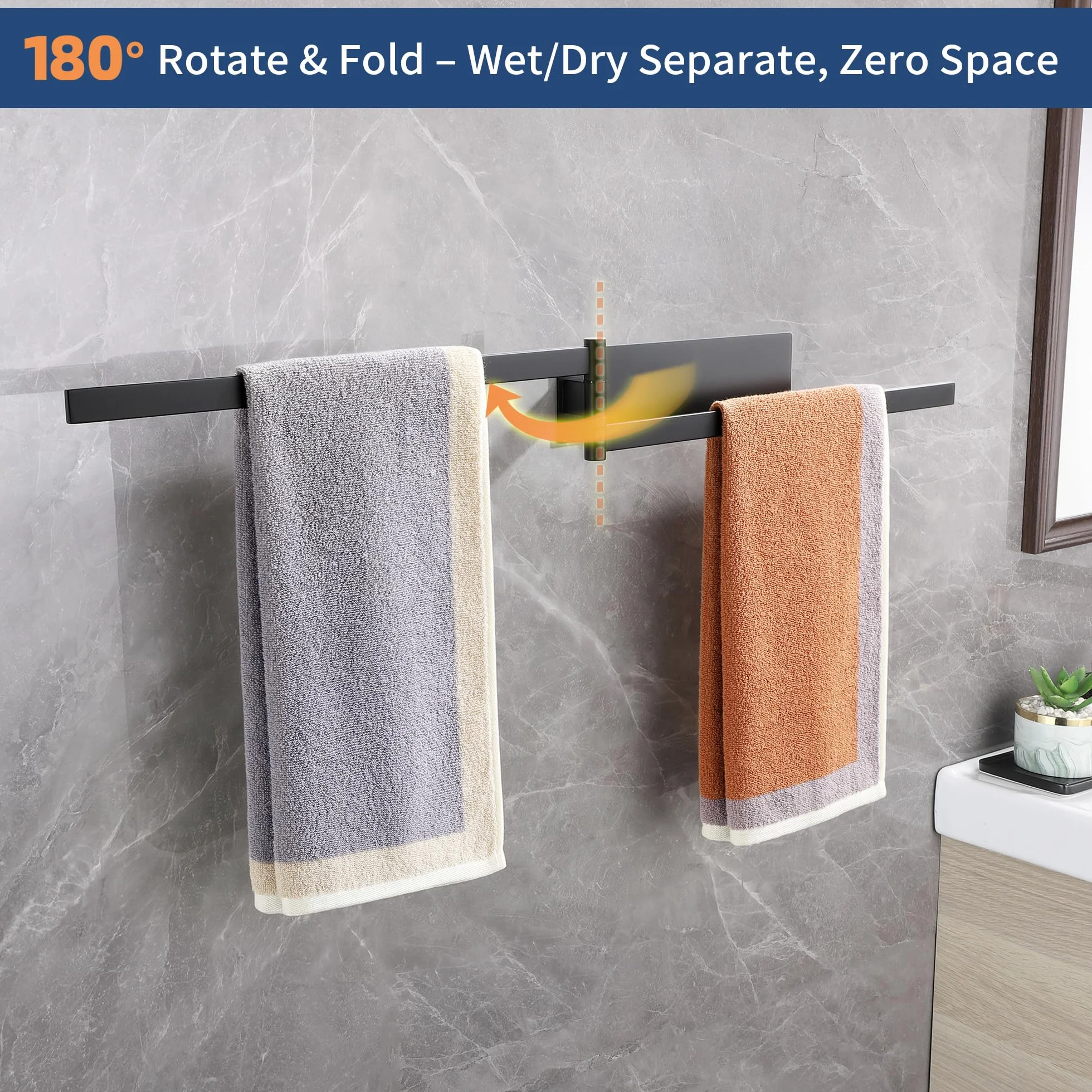 Porta Asciugamani Bagno Adesivo Girevole 180° Acciaio SUS304 Nero 39cm
