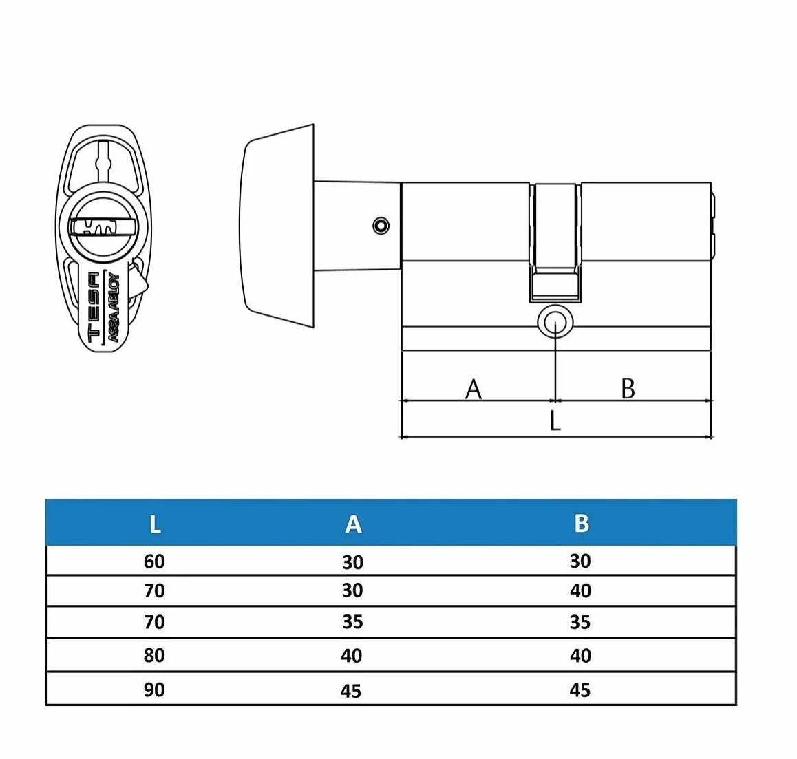 TESA T65B4030N Cilindro europeo T60, 40 x 30 mm, nichelato, per serrature a profilo europeo