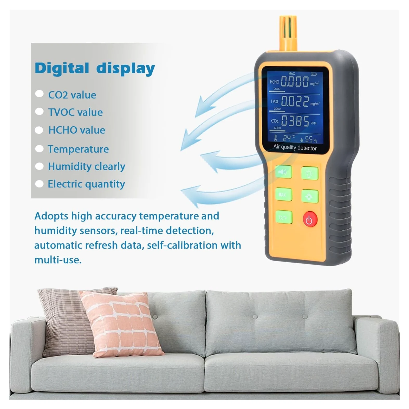 Misuratore Qualità dell'aria, 5 In 1 Monitor portatile a qualità 'aria CO2 TVOC HCHO Tester Misuratore di umidità a temperatura Display LCD retroilluminato Rilevatore di anidride carbonica per Casa Cu