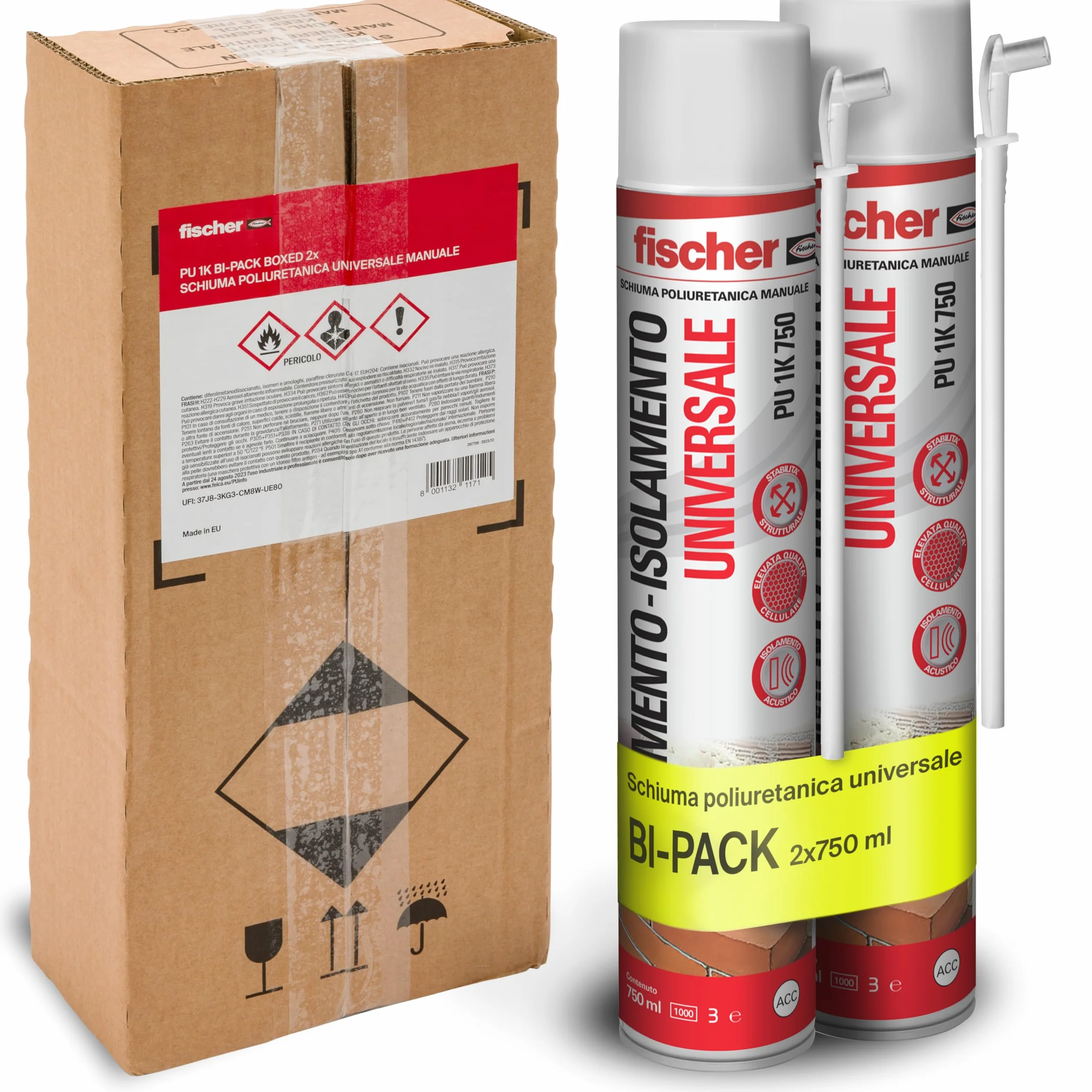 Fischer Bi-Pack Schiuma Poliuretanica Universale Espansa PU 1K 2x 750 ml