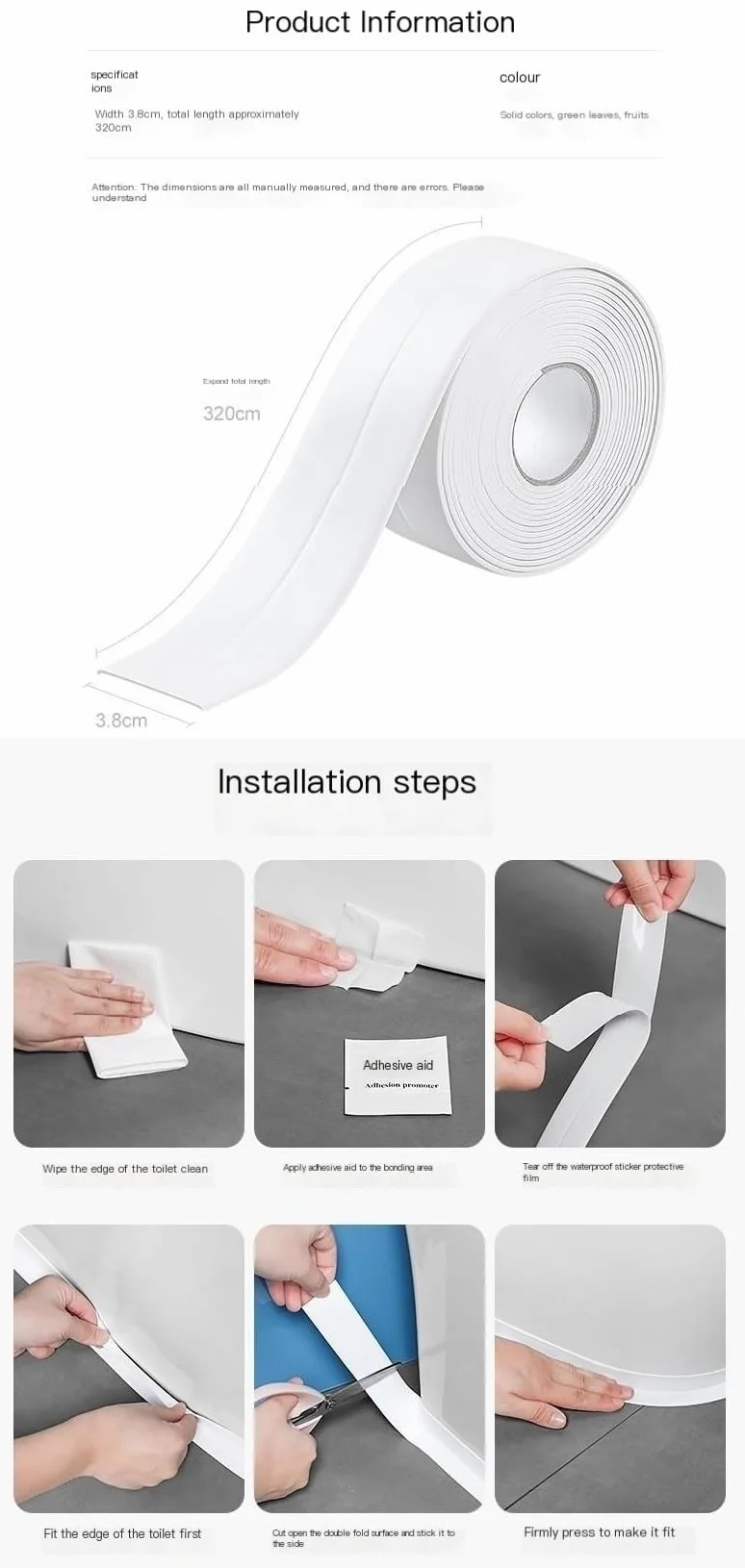 Nastro sigillante Impermeabile Nastro sigillante Impermeabile for Strisce autoadesive da 2 Pezzi for Base WC, lavandino, Vasca da Bagno (Color : C, Size : 3.2m*3.8cm)
