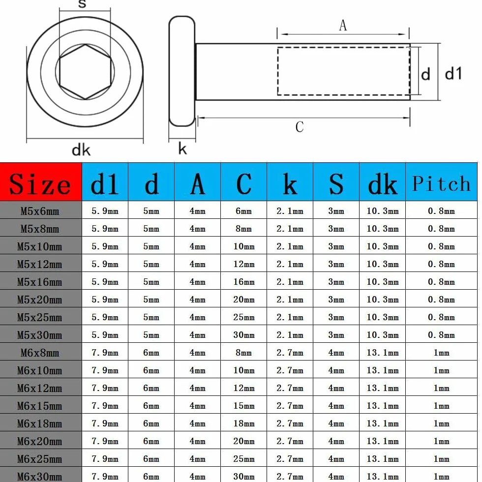 Inserti filettati M6 x 30 mm in acciaio inox 304 testa piatta dado rivetto 5 pezzi