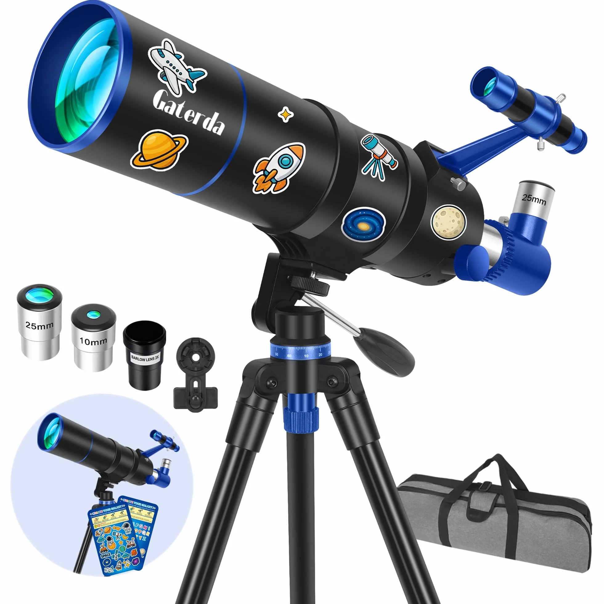 Telescopio Astronomico Professionale per Adulti Principianti, 90/550mm Telescopi Riffrattore(22X–165X) con Treppiede Regolabile Adesivi con Elementi Cosmici & Borsa da Trasporto
