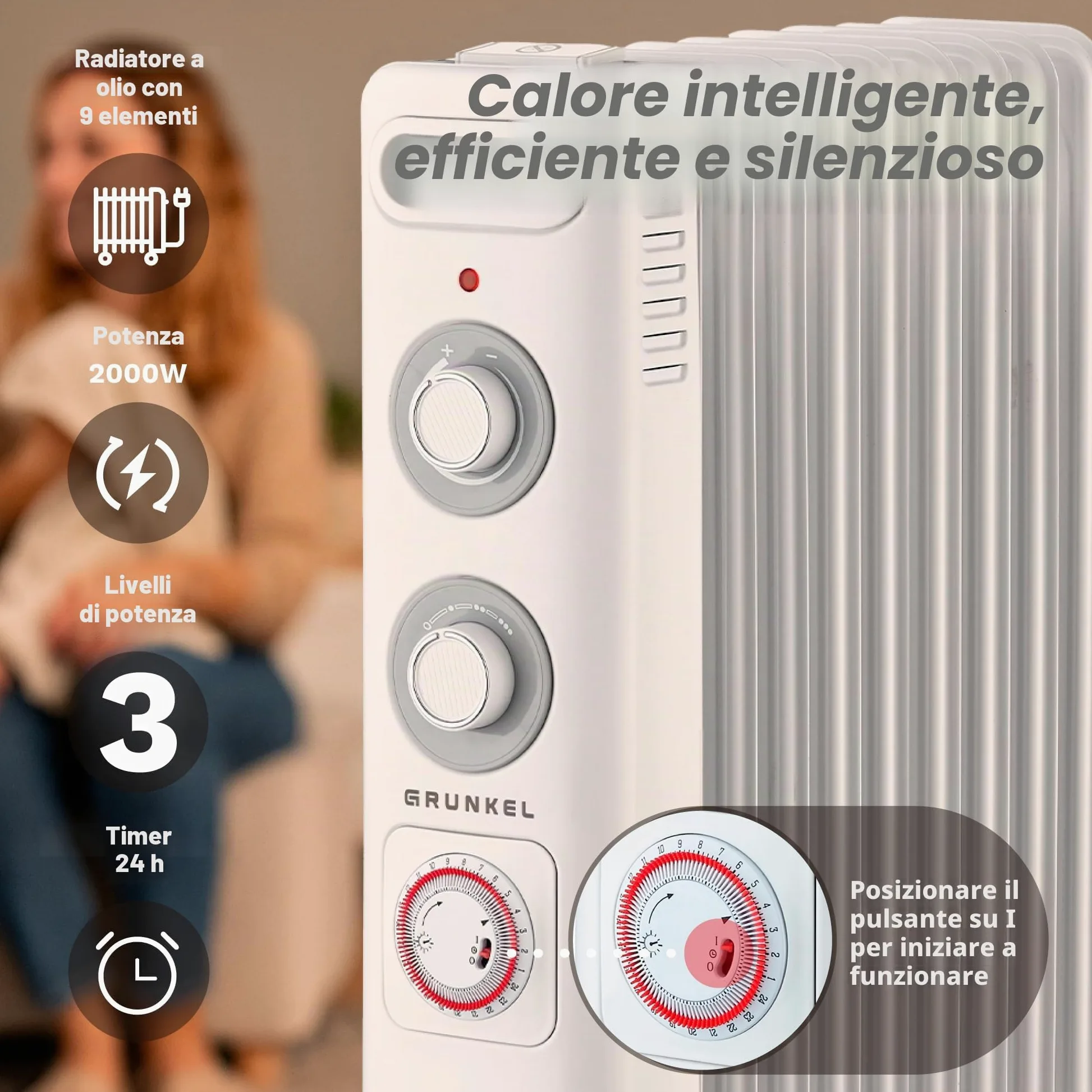 GRUNKEL RD-2000S Radiatore ad olio, 2000 W-2500 W, 9 elementi, 3 livelli di potenza, timer 24 ore, termostato regolabile, ruote multidirezionali