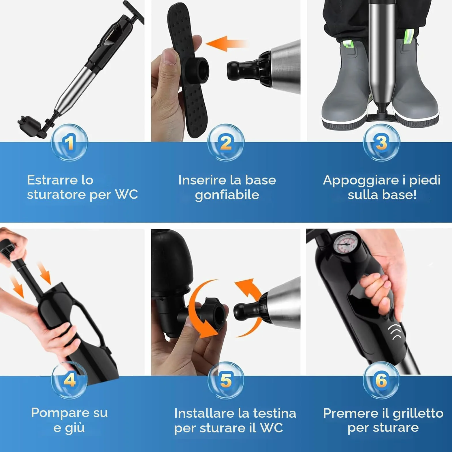 Pompa Stura Scarichi a Pressione Stantuffo ad Aria Compressa per WC Lavandino Bagno 2025