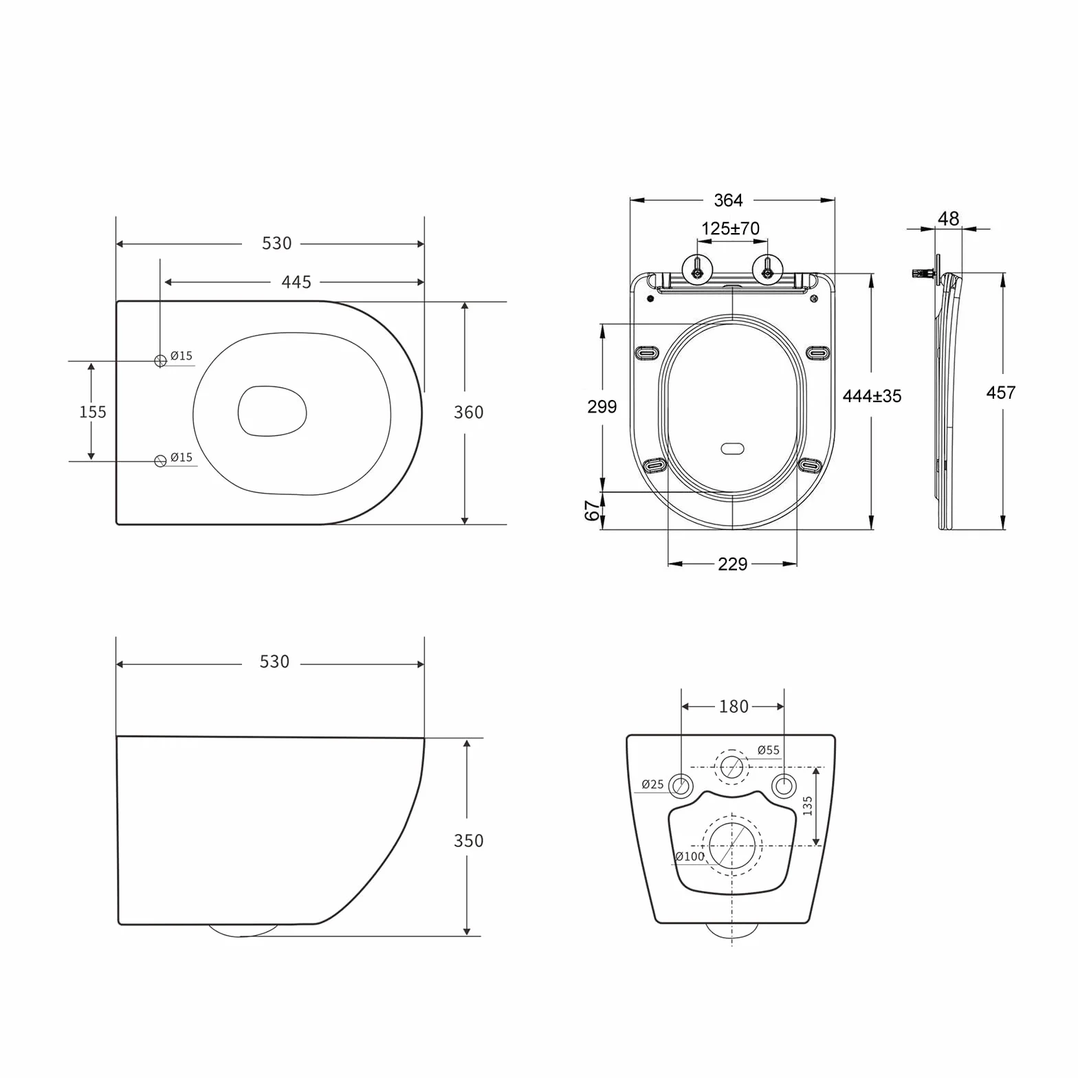 HOROW WC sospeso con bidet integrato, nano-rivestimento, sedile con abbassamento automatico, acqua fredda, 53x36x35 cm