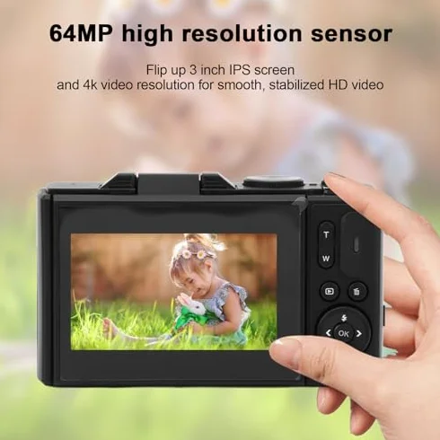 Fotocamera Digitale, Fotocamere 4K per Fotografia, Videocamera retrò da 64MP UHD 4K Zoom 18X Autofocus con Bilanciamento del Bianco, Scatto Continuo, Stabilizzazione e (BLACK)