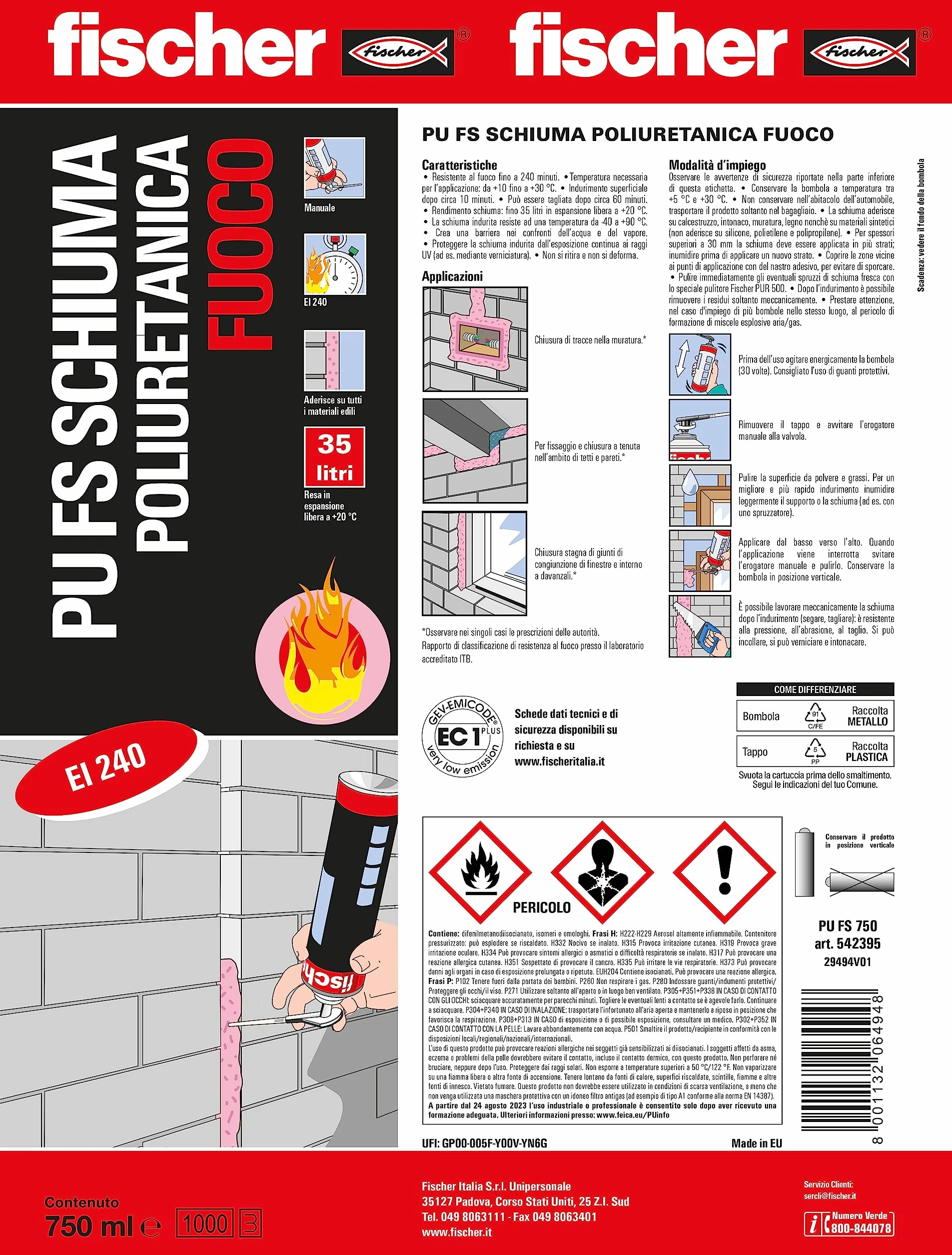 Fischer PU FS Piana Poliuretanica Ognioodporna z Aplikatorem, 750 ml