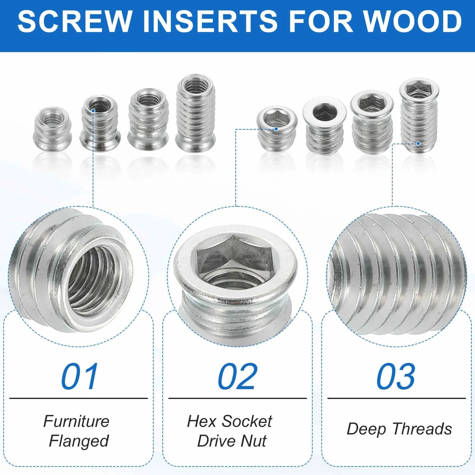 20 Pezzi Dado Avvitabile M8×25mm Inserto Filettato per Legno, M8Zincato Esagonale Manicotto Filettato, Compatibile con Viti per Legno e Viti da Legno, Inserti Filettati Avvitabili per Mobili, Argento