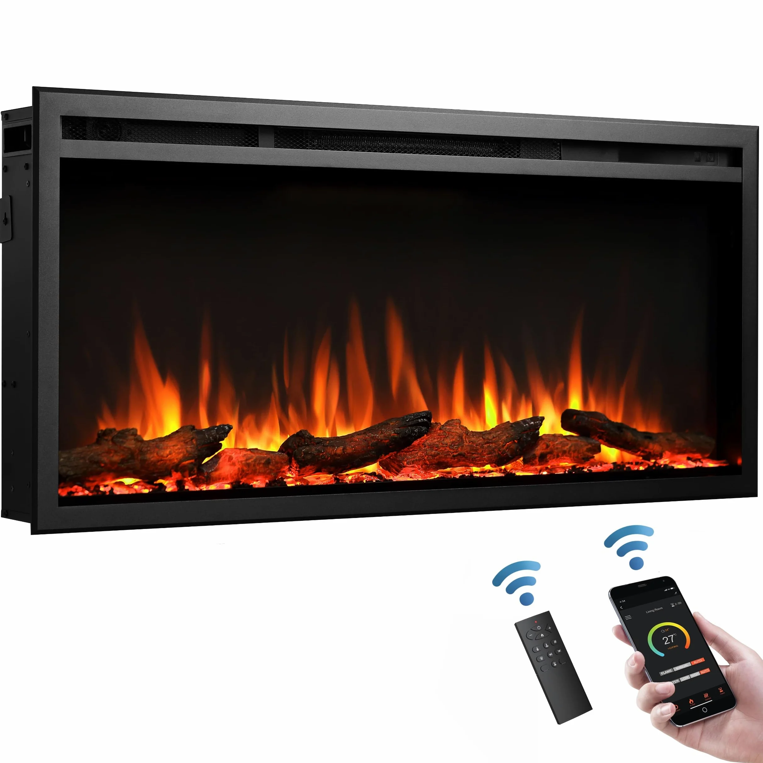 Balderia camino elettrico Atalanta | Caminetto a incasso effetto fiamma 3D | Riscaldamento elettrico 1500W, LED, comando via app, crepitio | Nero