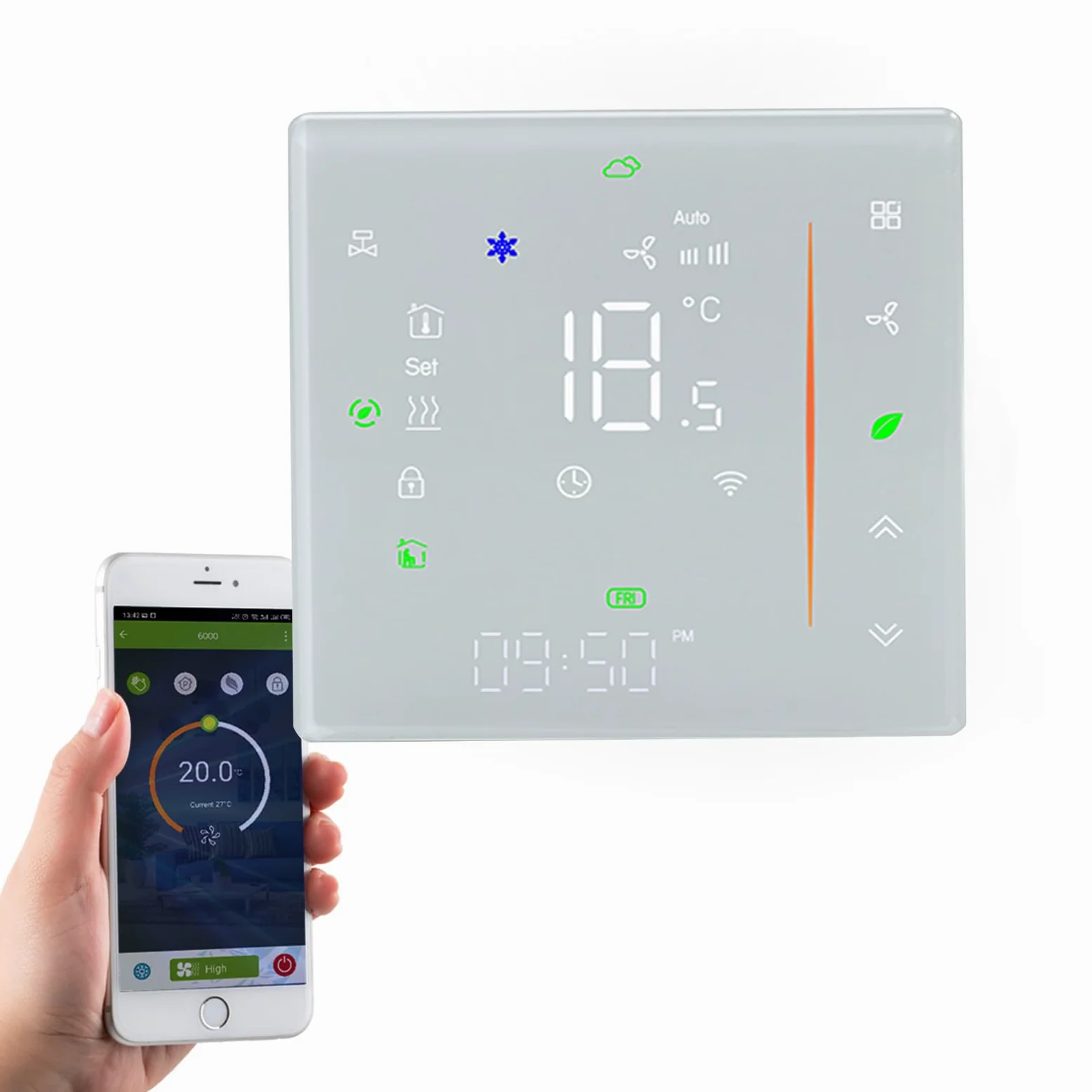 Smart Wifi Termostato a colori Regolatore di temperatura per aria condizionata con schermo LCD a 2 tubi, funziona con Alexa Google Home, luce a matrice LED, proteggi i tuoi occhi, 95~240V AC