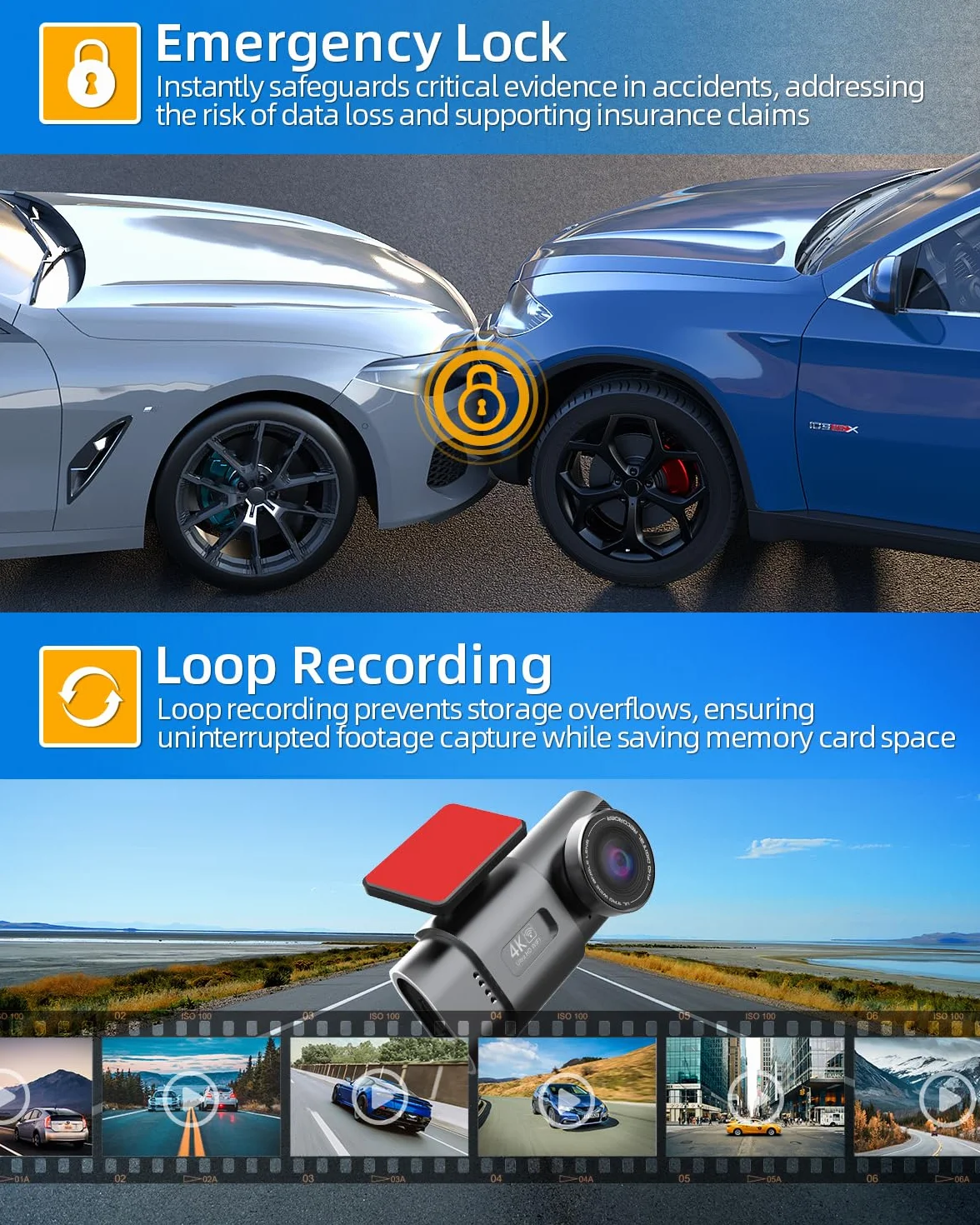 Telecamera WiFi per auto anteriore posteriore, 4K + 1080P per auto, controllo app con scheda SD da 64 G, visione notturna, sensore G, registrazione loop, WDR (Pollici, 1.47)