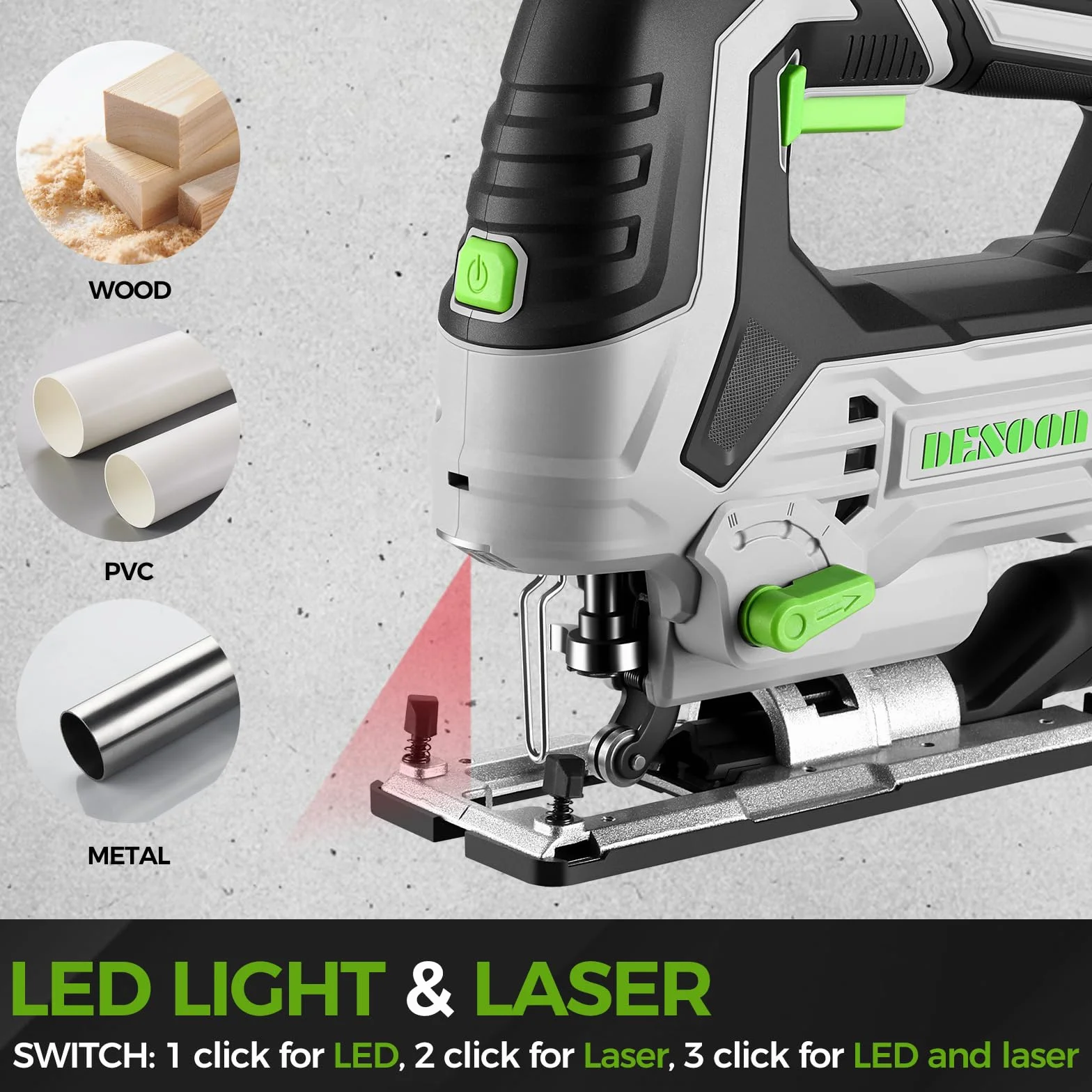 DESOON Sega alternativa da 800 W, Sega per legno con luce LED e laser, velocità variabile da 800 a 3000 SPM, taglio inclinabile ±45°, include 10 lame per sega per tagliare metallo, legno e plastica