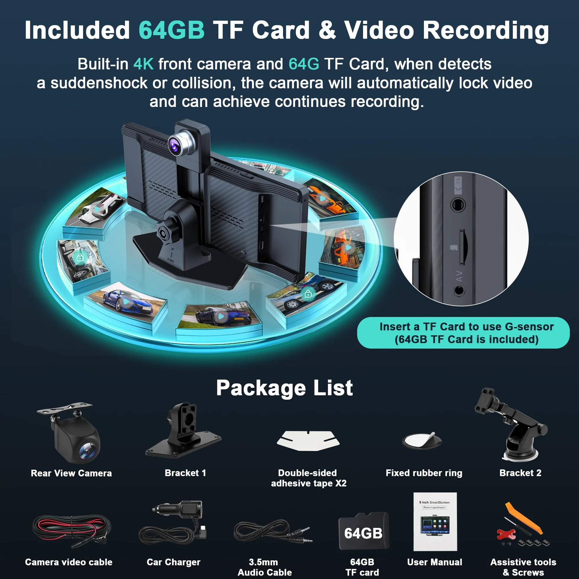 Audio Portatile Per Auto, 10.26" Schermo Carplay,car play per auto android con doppia telecamera anteriore + posteriore 4K 1080P, riproduzione car play wireless con Mirror Link/S-iri/AUX/64G TF