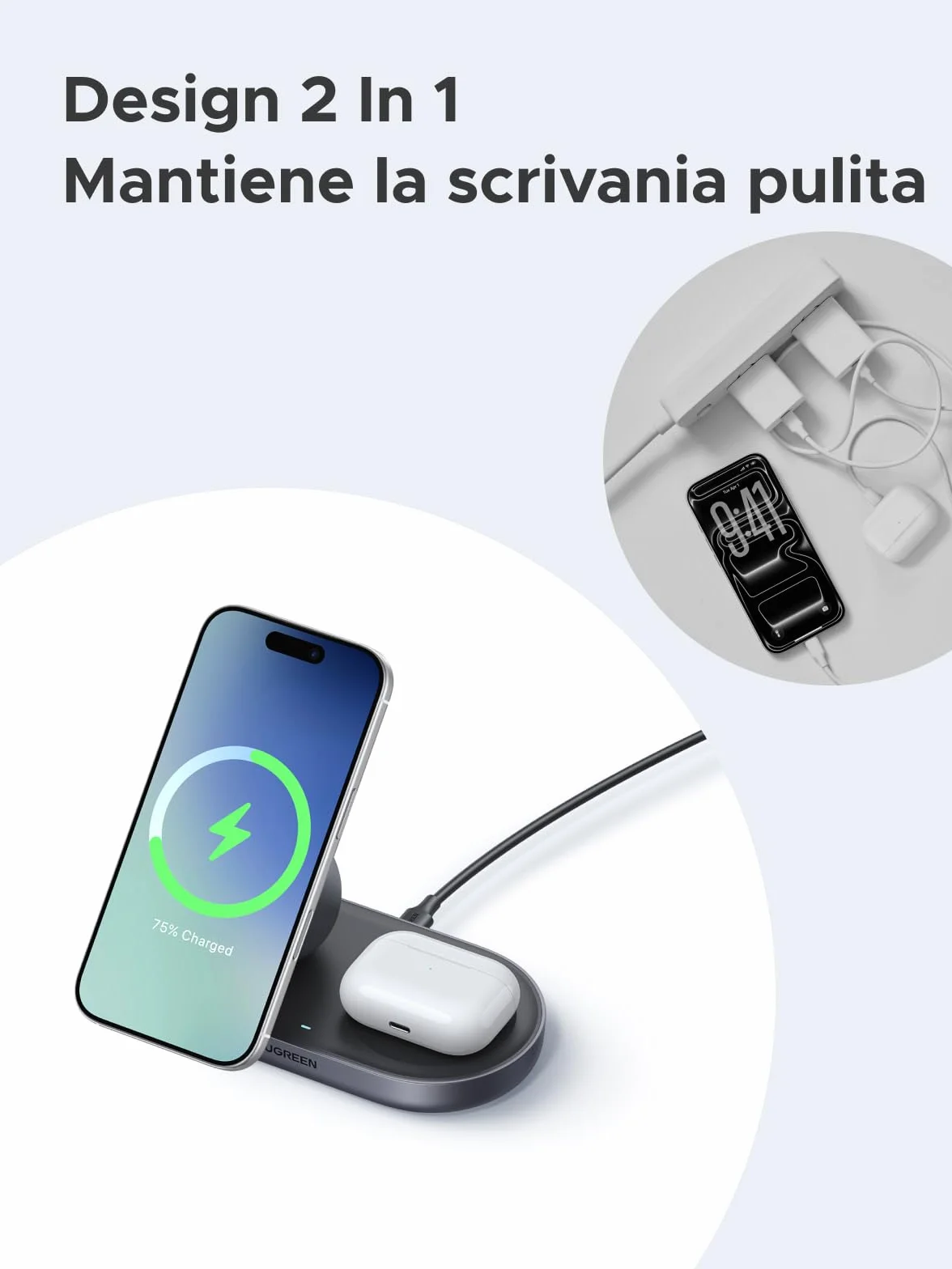 UGREEN Zapix Caricatore Wireless iPhone Magsafe Qi2 15W Certificato Compatibile con iPhone 17 16 15 14 13 12 Pro Max Plus Air AirPods, 2 in 1 Base di Ricarica Rapida Magnetica (Nero)