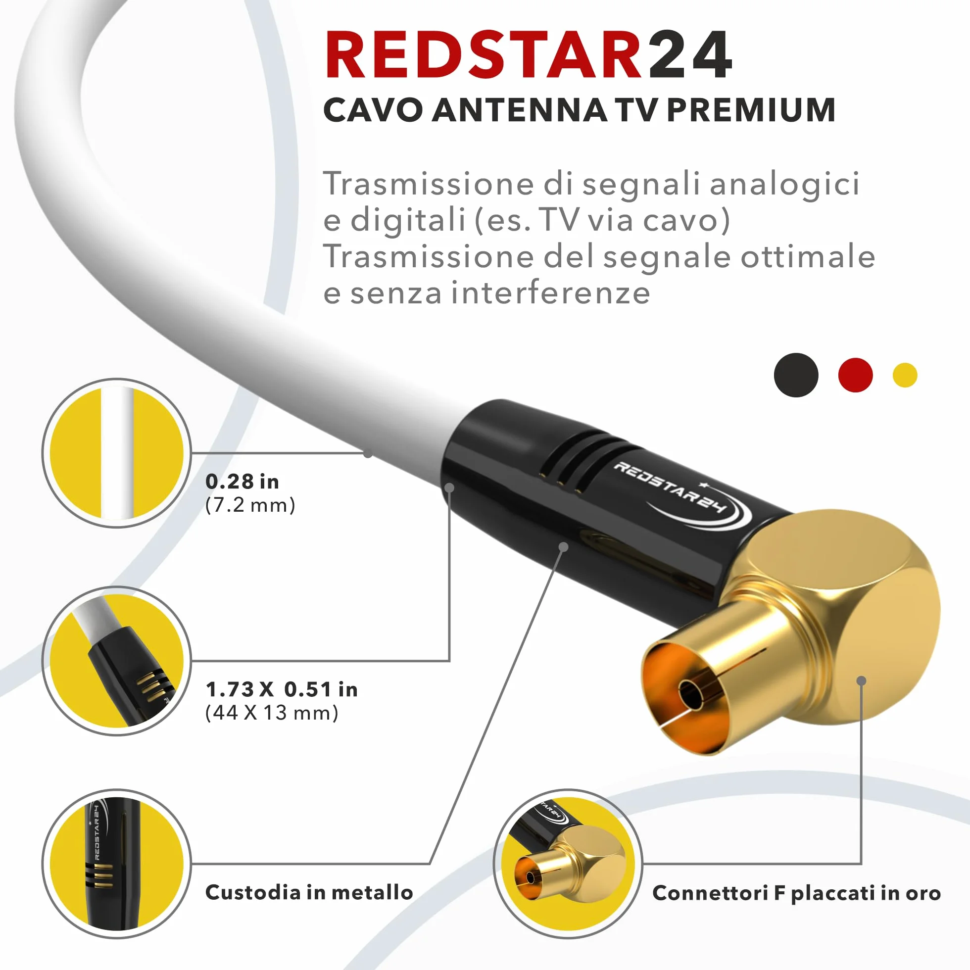 RedStar24 Cavo Antenna 5m Bianco - 90° Angolato Coassiale | Maschio a Femmina - Premium per TV via Cavo | Compatibile Con TV, Radio, DVB-T/T2, DVB-C, DAB
