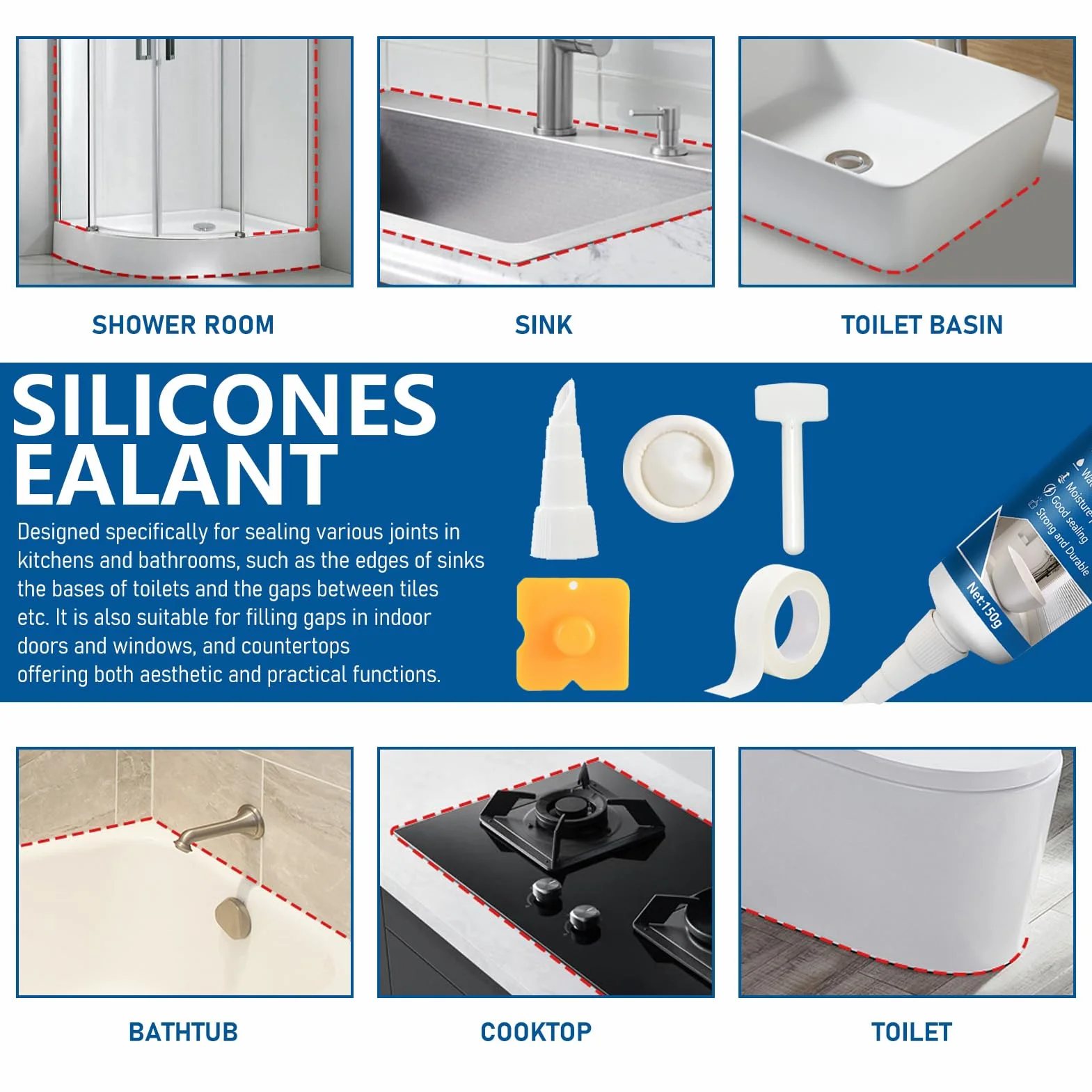 Silicone Bagno Bianco Impermeabile Sigillante Cucine Cabine Doccia 150g