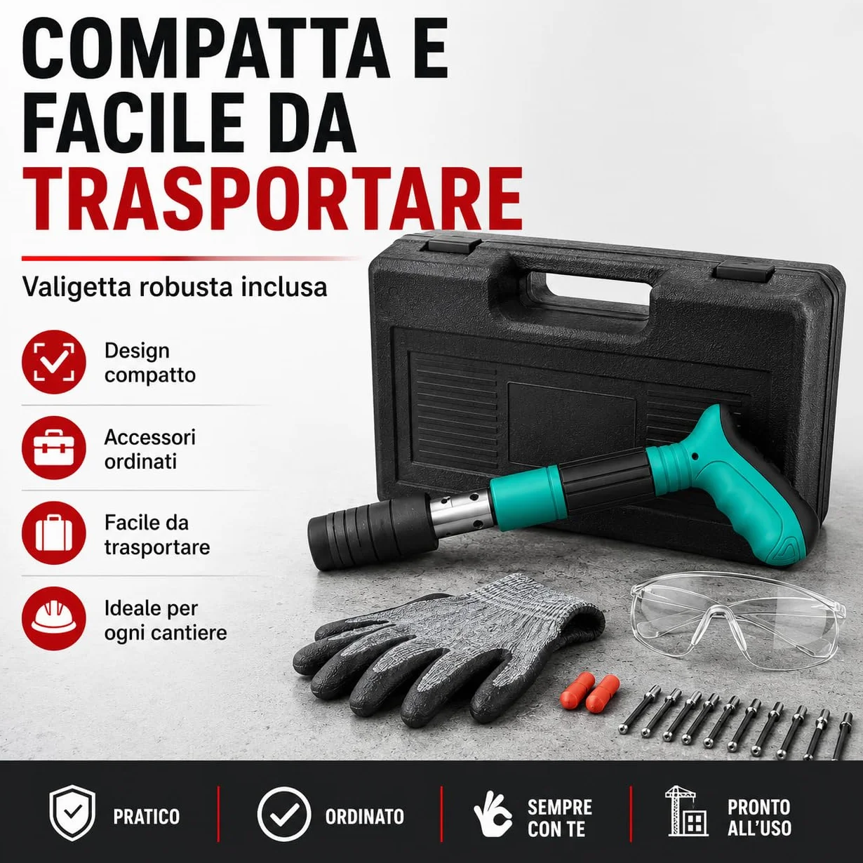 Rivettatrice Manuale Professionale - Pistola Sparachiodi ad Aria Compressa per Chiodi Tondi e Rivetti in Acciaio