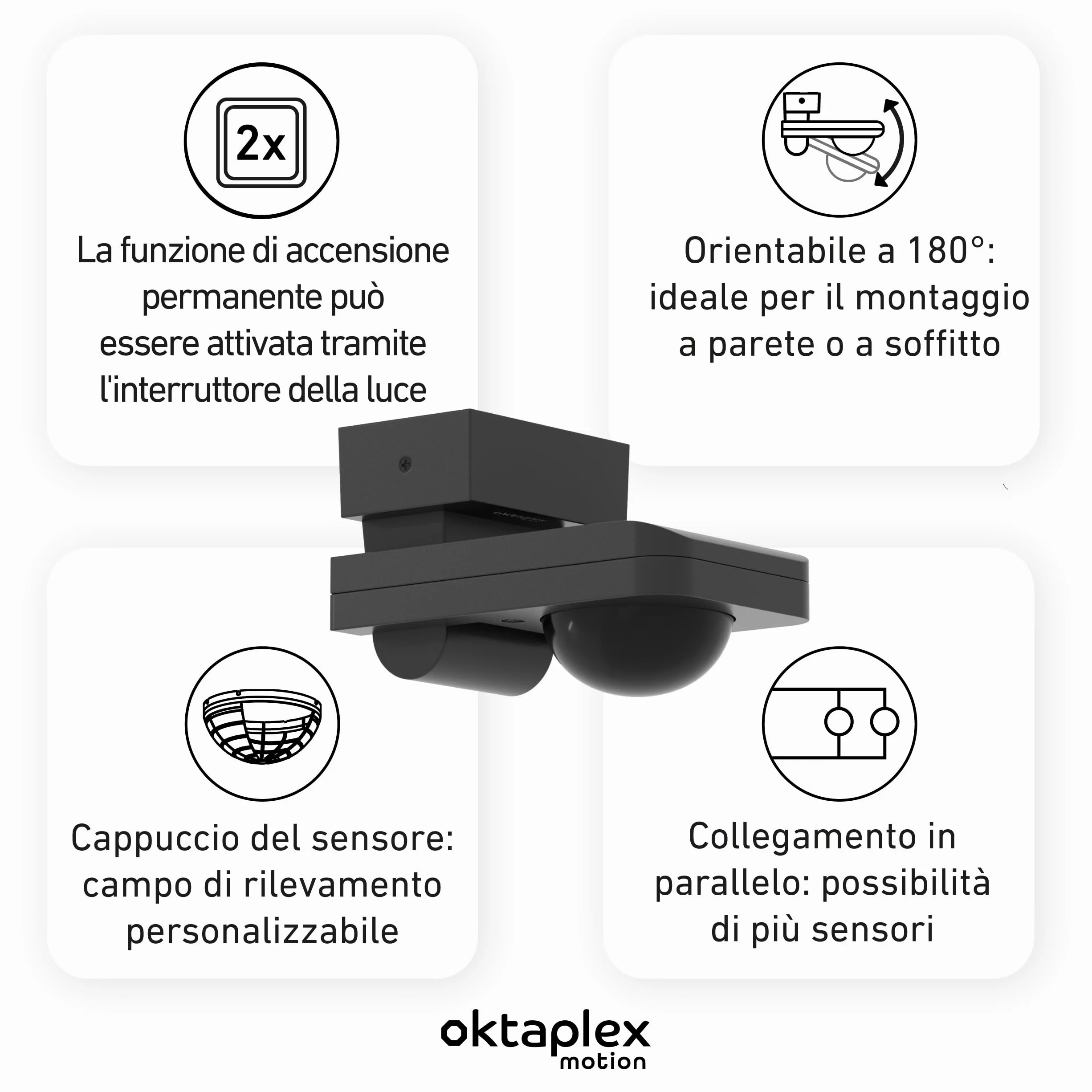 Oktaplex Tea set da 2 sensori di movimento per esterni antracite 9 m | Sensore di movimento da superficie orientabile 360 ​​gradi 9 m IP65 230 V per soffitto e parete