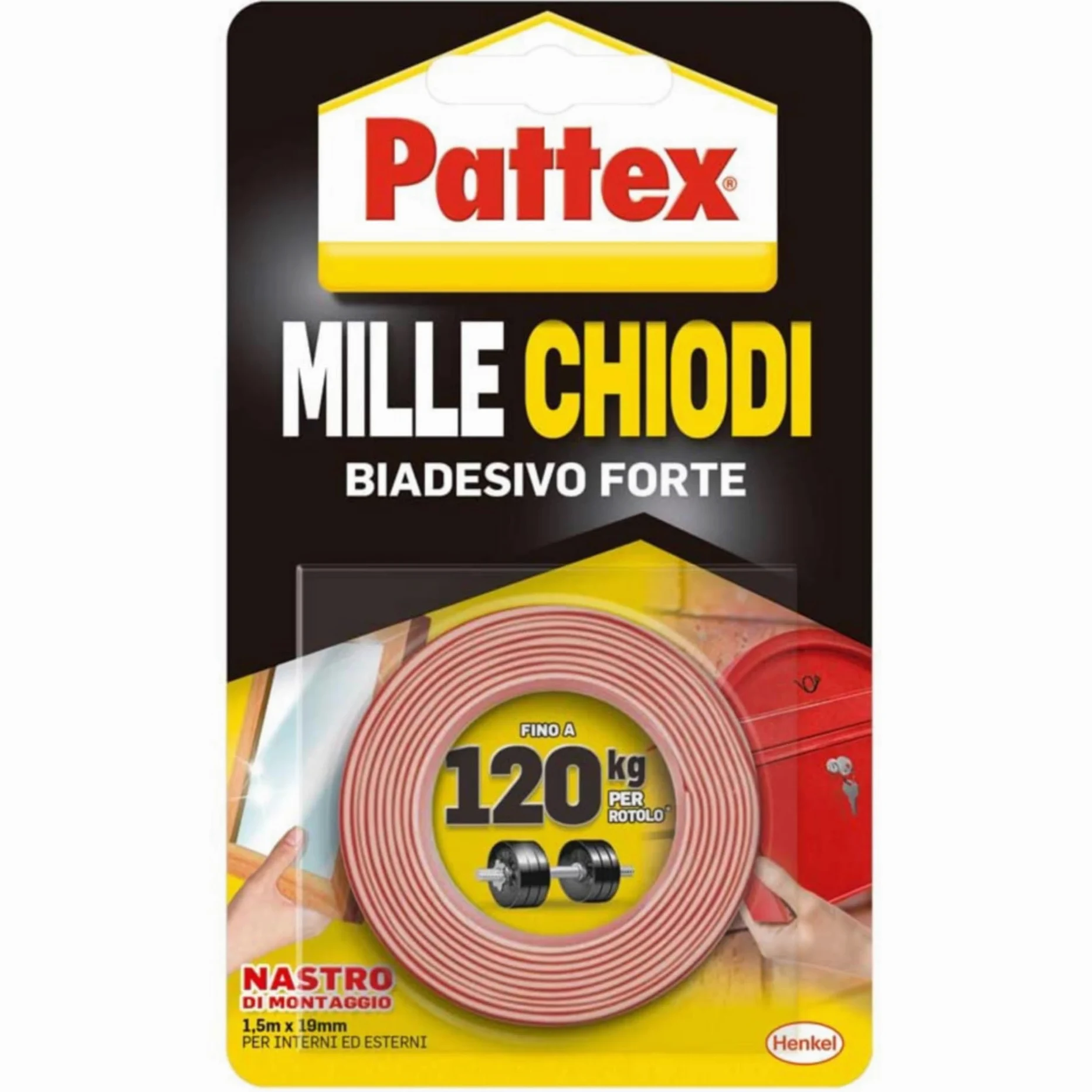 Pattex Millechiodi Tape, nastro biadesivo extra forte per applicazioni permanenti, nastro adesivo di montaggio per interni ed esterni, 19 mm x 1,5 m