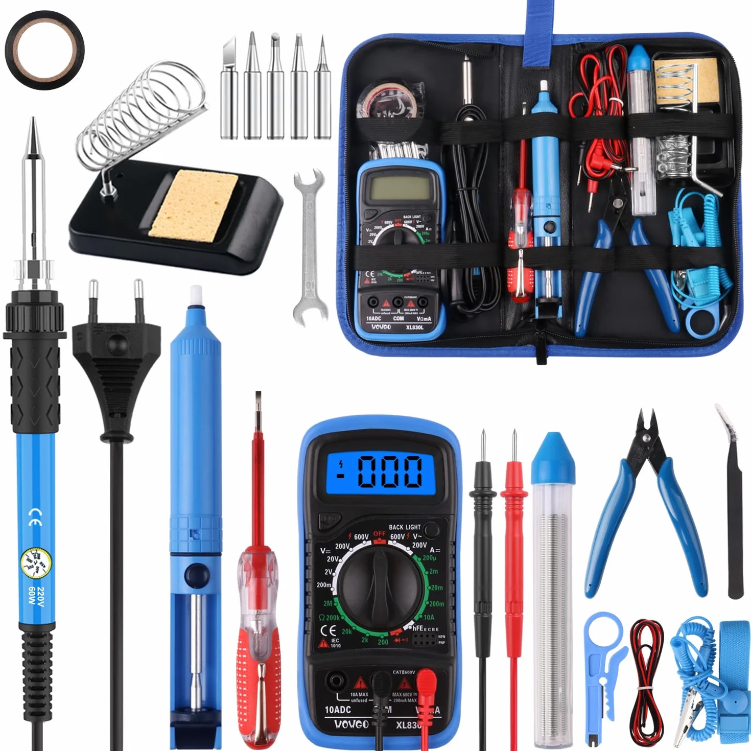 Saldatore a Stagno Kit 60W Temperatura Regolabile 200-450℃ Stagnatore Elettrico 24 in1 con 5 Punte di Saldatura, Multimetro Digitale,Filo per Saldatura,Pompa Dissaldante,Portatile