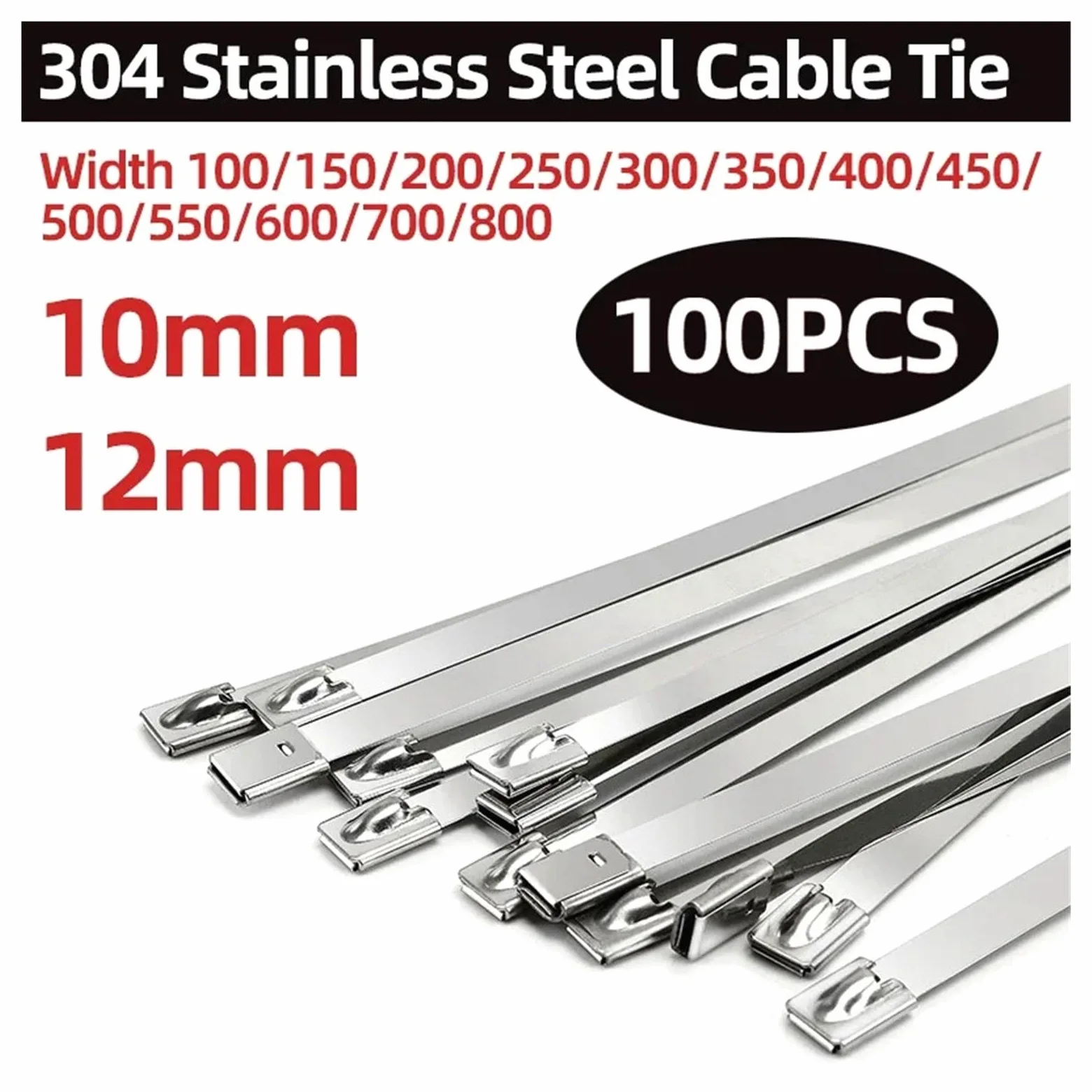 Fascette per cavi in ​​acciaio inossidabile 304 da 100 pezzi, fascette per cavi in ​​metallo rivestito autobloccanti con sfera da 10 mm/12 mm, multiuso per l'avvolgimento dello scarico(10MM-300mm)