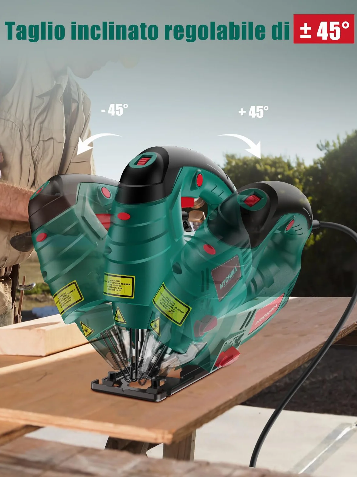 HYCHIKA Seghetto Alternativo 800W, Profondità di Taglio 110mm, 800~3000SPM, 7 Velocità Variabile, Angolo di Inclinazione Regolabile da ±45 °, Adatto per Metallo, Legno