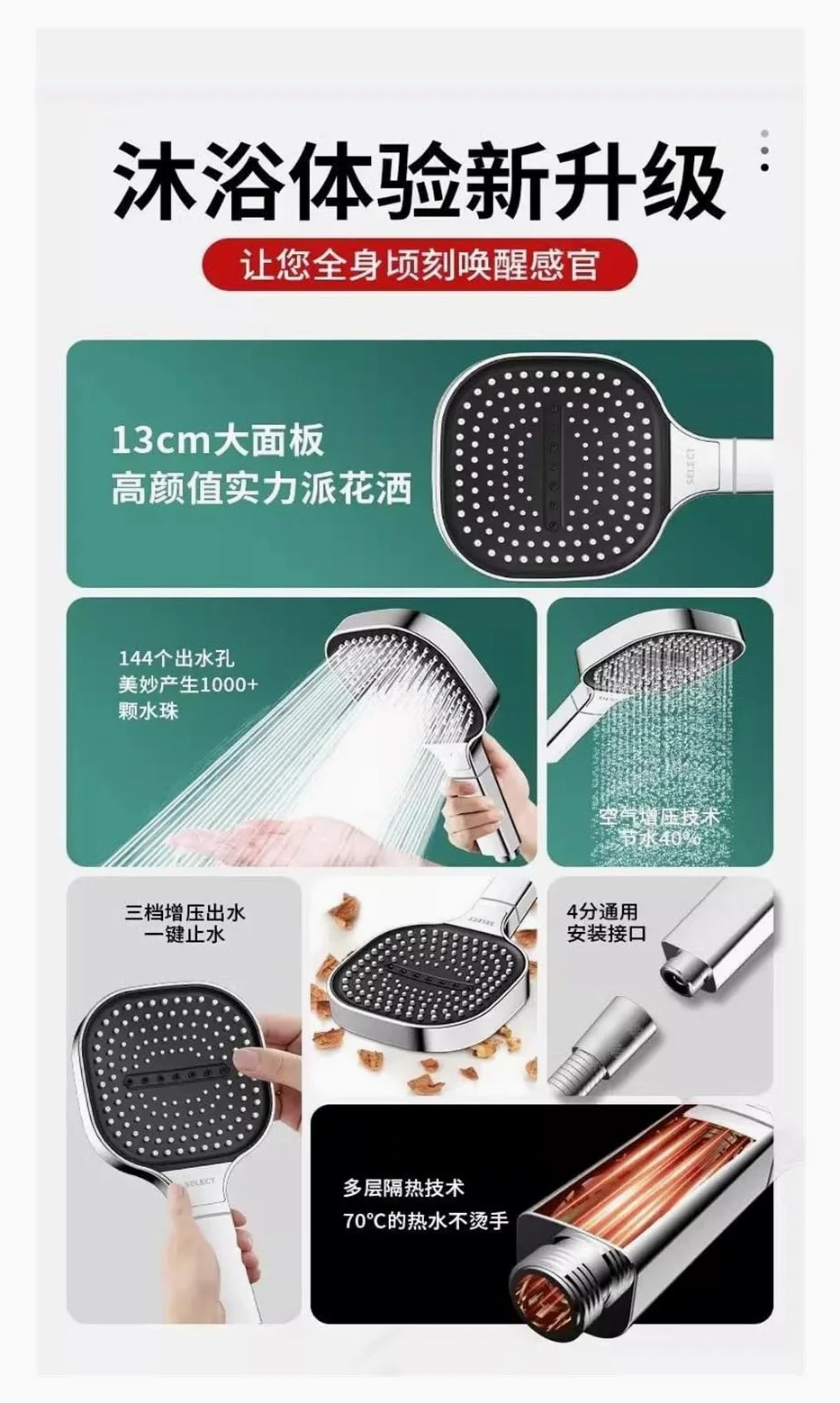 Soffione doccia con pannello grande da 13 cm, 3 modalità, soffione doccia ad alta pressione con idromassaggio e elemento filtrante(Black Shower)