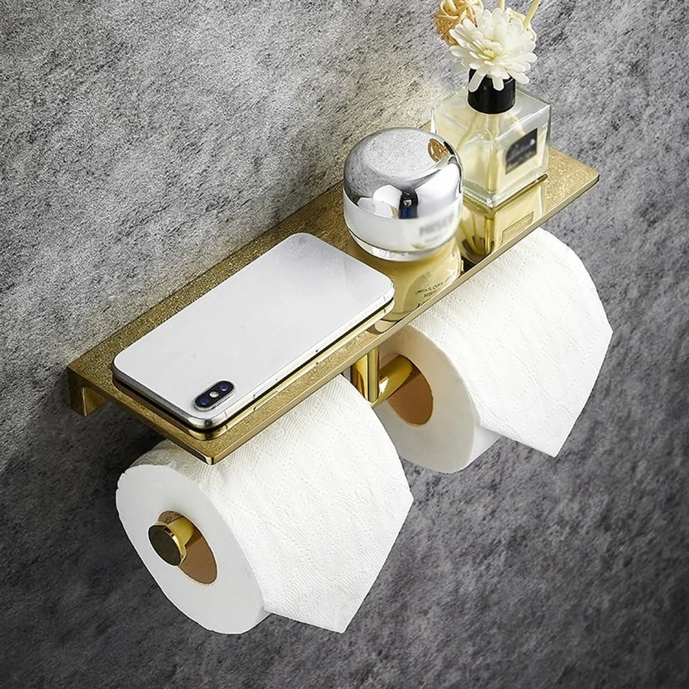 Portarotolo Doppio for Carta igienica con ripiano, portarotolo da Parete for Bagno, Dispenser for Carta igienica Commerciale in Ottone con ripiano for Telefono(White,30cm)
