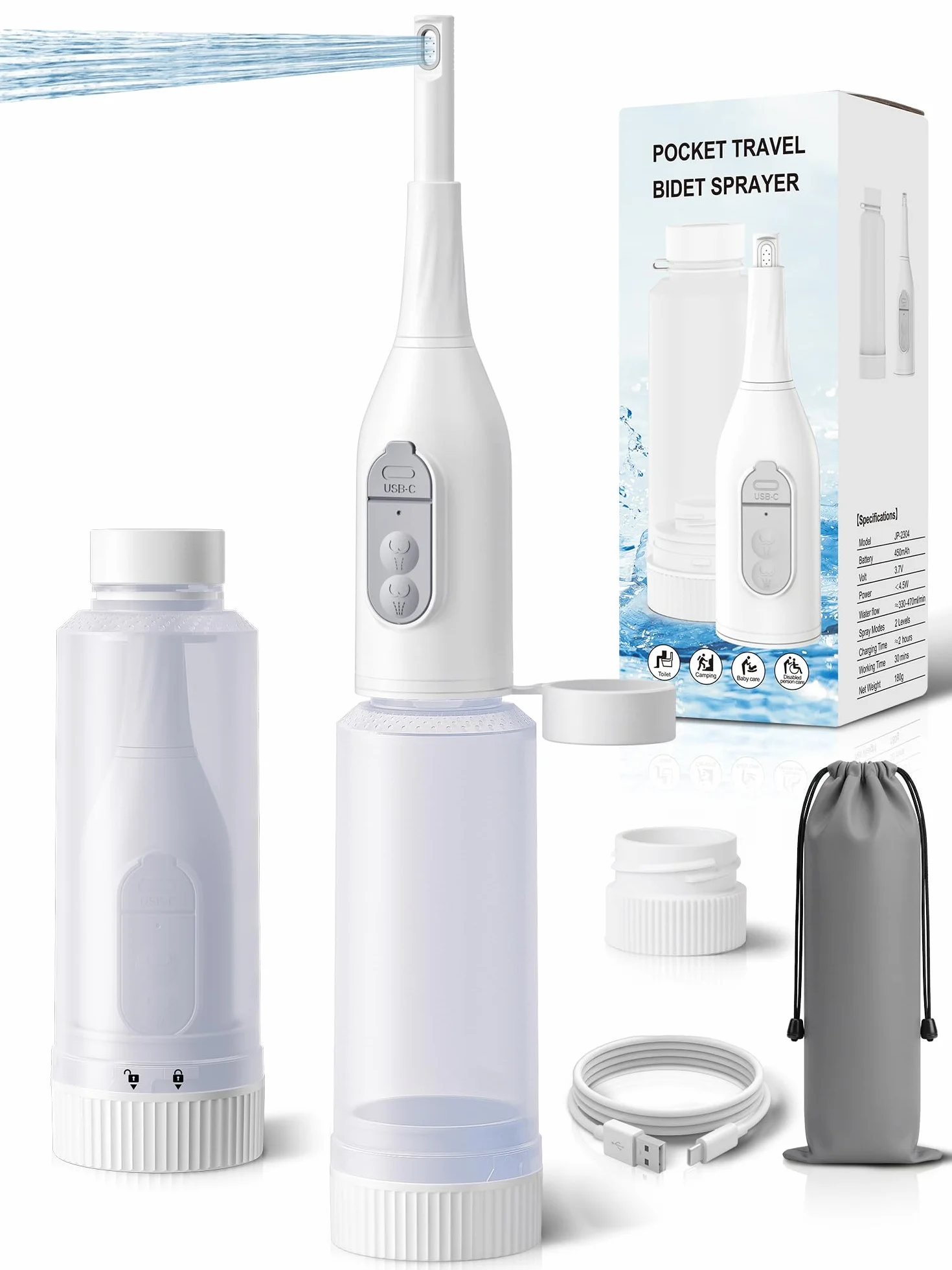 SANEWE Bidet Portatile Elettrico IPX7 2 Modalità di Spruzzo Regolazione Pressione