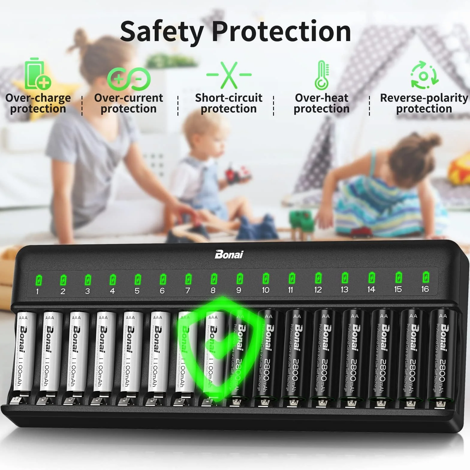 BONAI Caricabatterie Pile Ricaricabili AA AAA, Caricatore a 16 Slot per Batterie Ni-MH, Stazione di Ricarica Rapida con Monitoraggio Intelligente e Gestione Indipendente per Pile Stilo e Ministilo