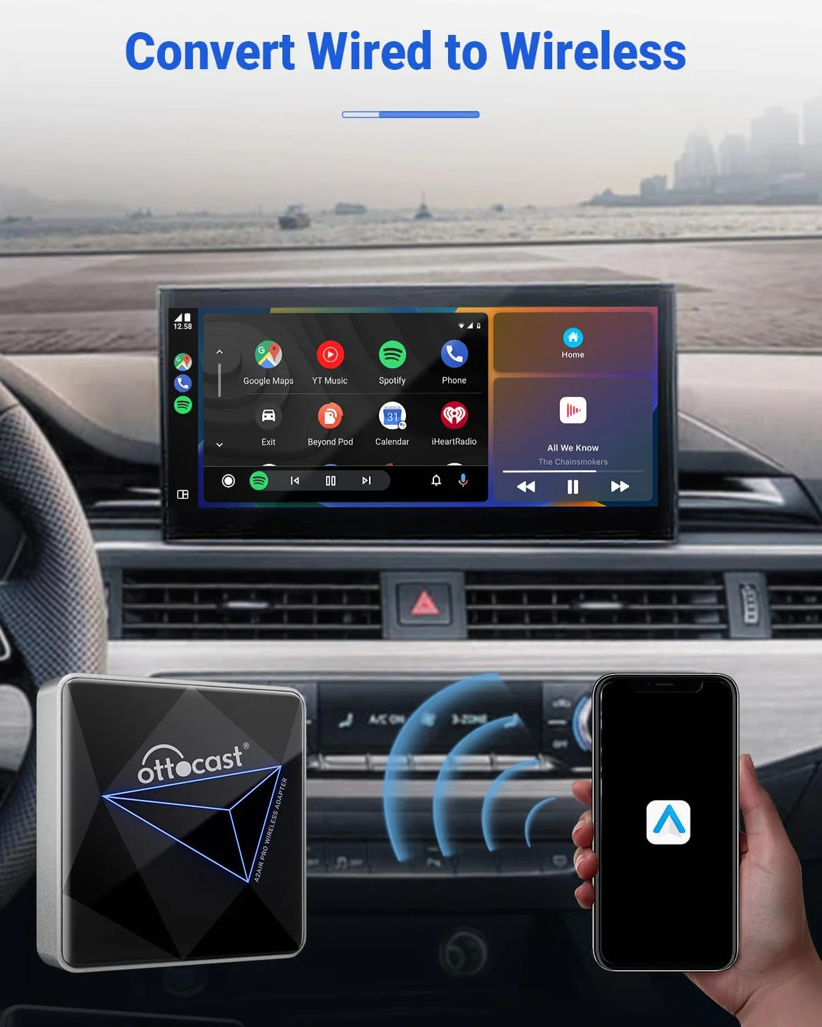 OTTOCAST Adattatore Wireless Android Auto per Auto Cablate, Dongle Android Auto Wireless, Dual Band Wi-Fi a Basso Ritardo, Aggiornamenti Online, Plug and Play per Auto Android Cablate di Fabbrica