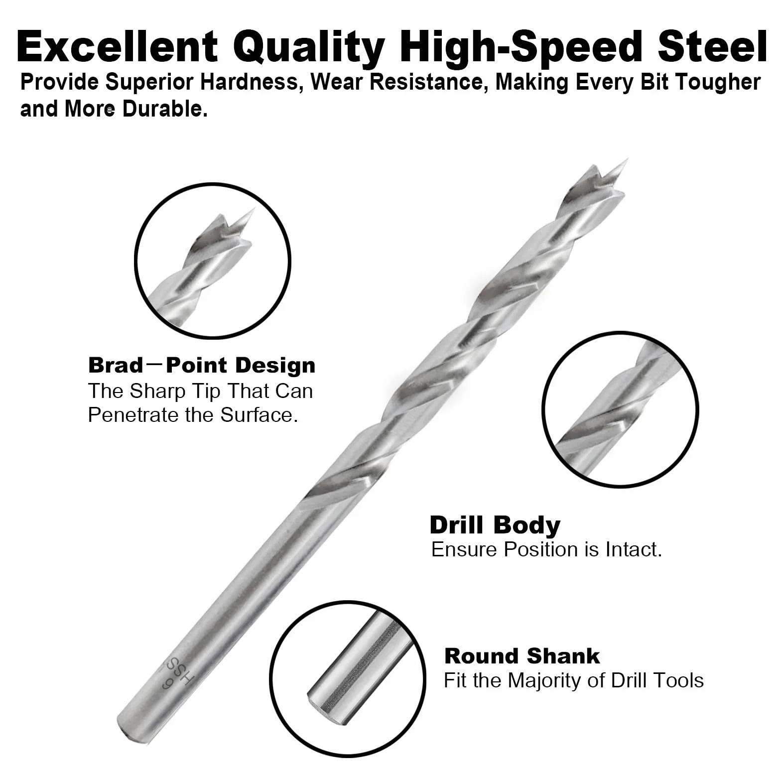 Set di 8 punte per legno Brad Point HSS, doppia fessura, scatola robusta, 3-10mm