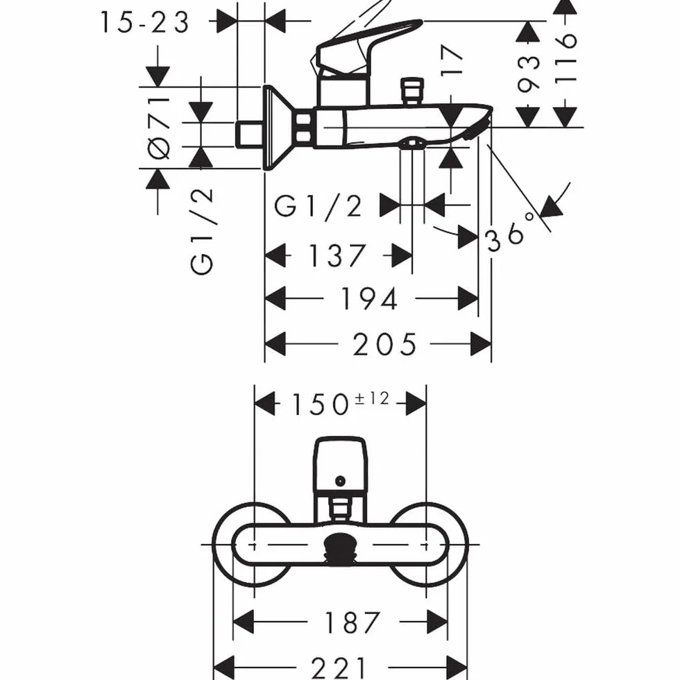 hansgrohe Logis - Rubinetto per vasca da bagno esterno per 2 utenze, Miscelatore monocomando per vasca, cromo, 71400000
