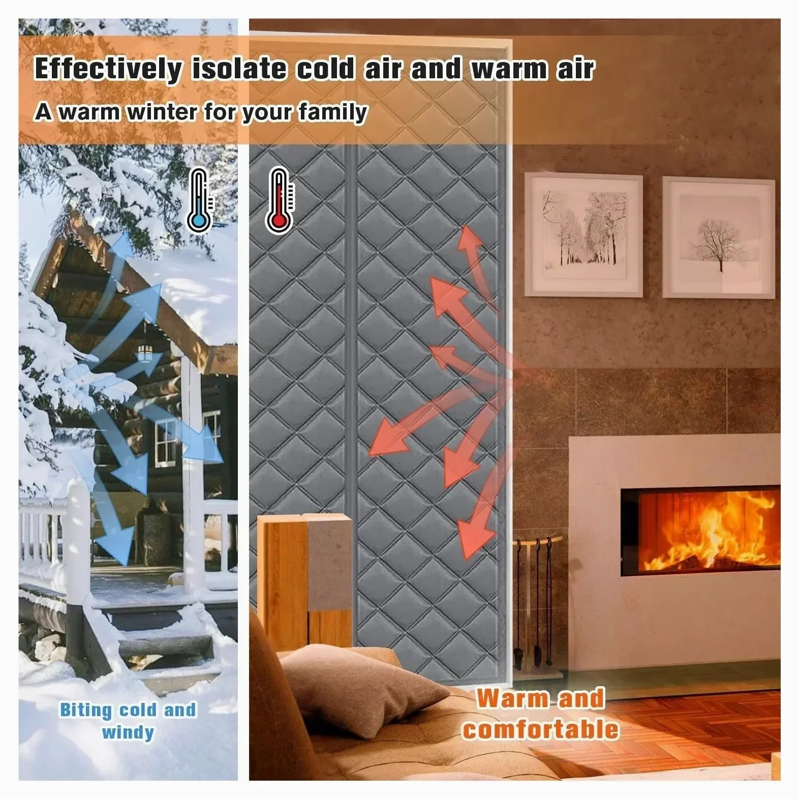 Tenda per porta invernale Tenda for porta in cotone invernale addensato caldo e resistente al freddo Isolamento termico magnetico acustico for antivento 1,5 cm(Grey,95X205CM)