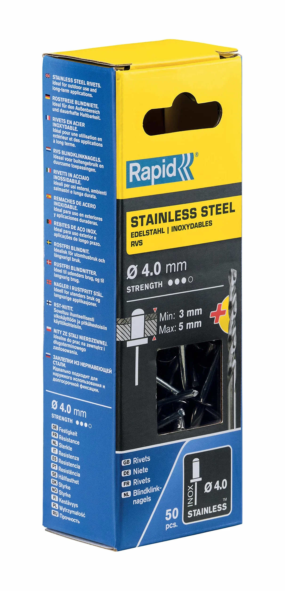 Rivetti in Acciaio Inossidabile Ø4 x 6 mm, 50 Pezzi, Scatola con Punta per Trapano