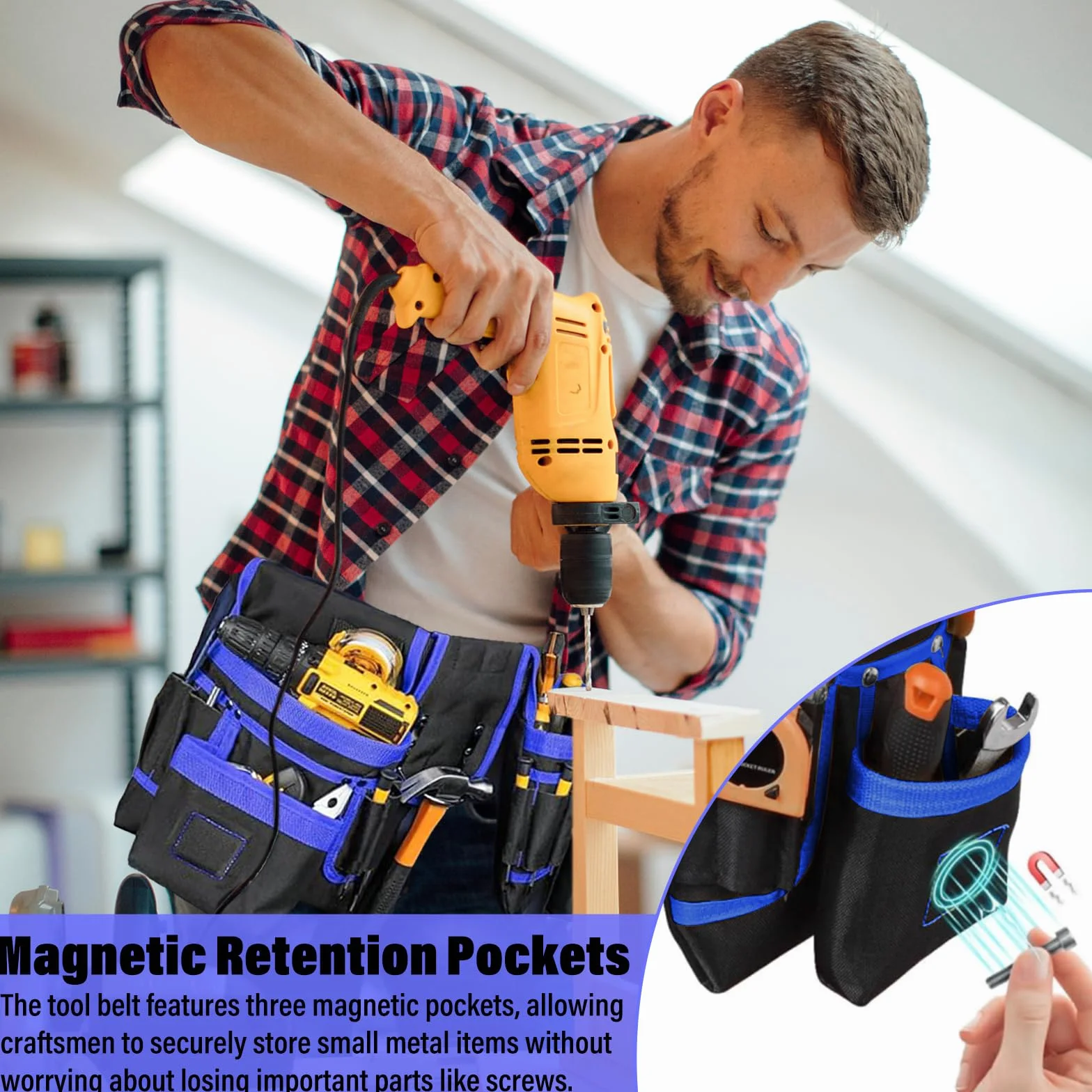 POPOPIE Cintura Porta Attrezzi,Regolabili Staccabili Cintura Elettricista,Cinturà per Attrezzi da Lavoro con 26 Tasche,per Elettricista Falegname Edilizia Manutenzione,Nero-Blu