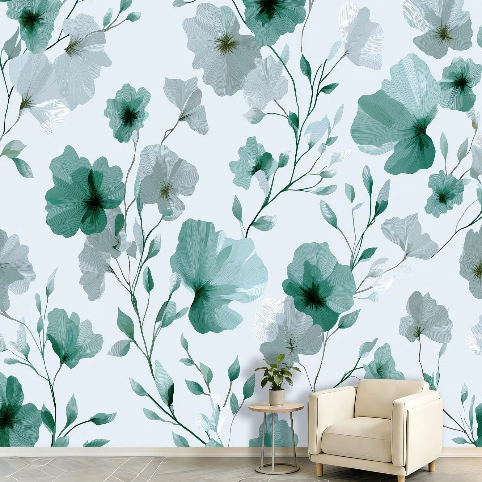 Carta da parati fotografica con motivo botanico scandinavo, 250 x 175 cm (larghezza x altezza), stampa artistica di alta qualità, decorazione per la casa, fai da te, fiori e foglie verdi, per bagno