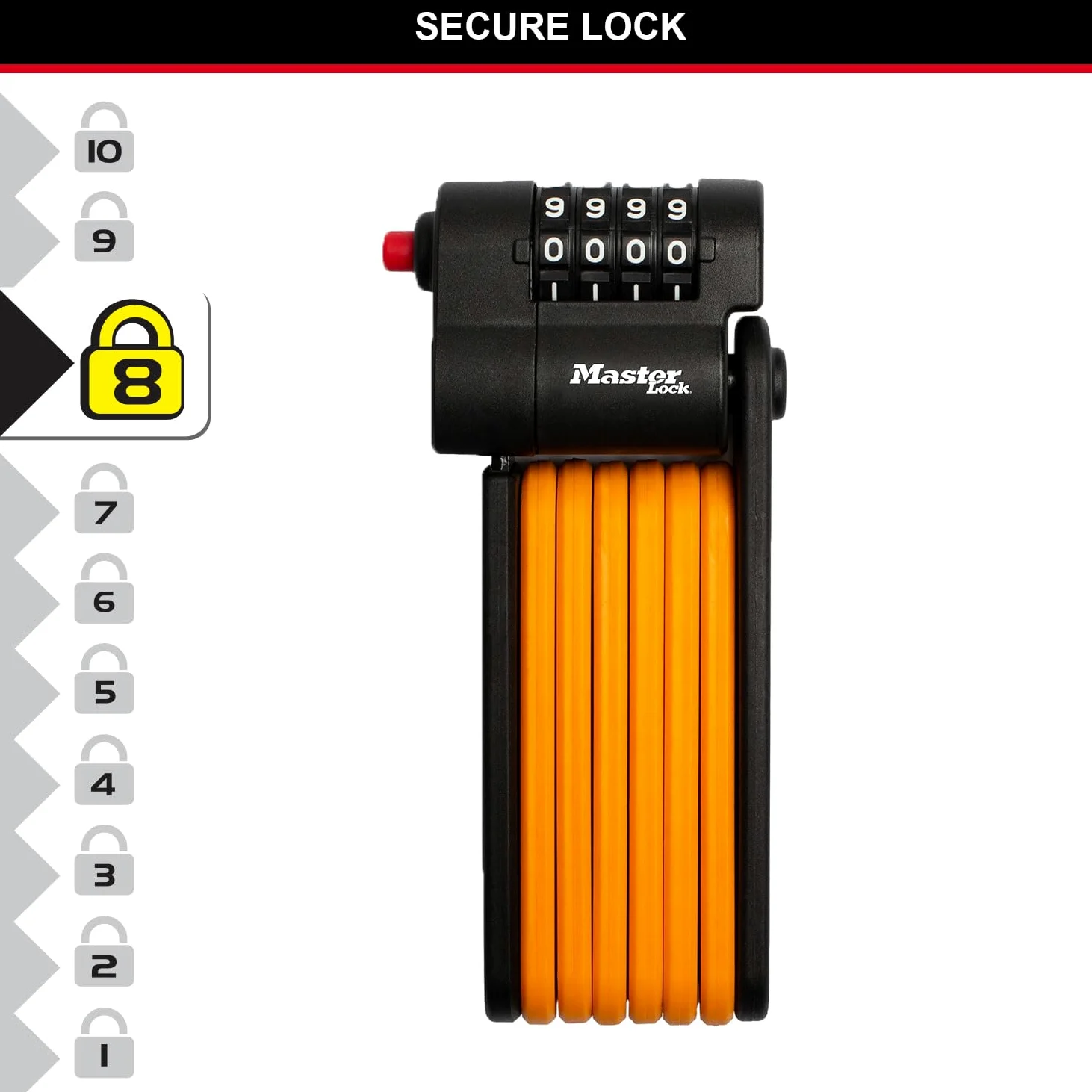 Master Lock, Lucchetto pieghevole per bicicletta a combinazione con maglie in acciaio temprato, supporto e staffa di montaggio inclusi, 80 cm