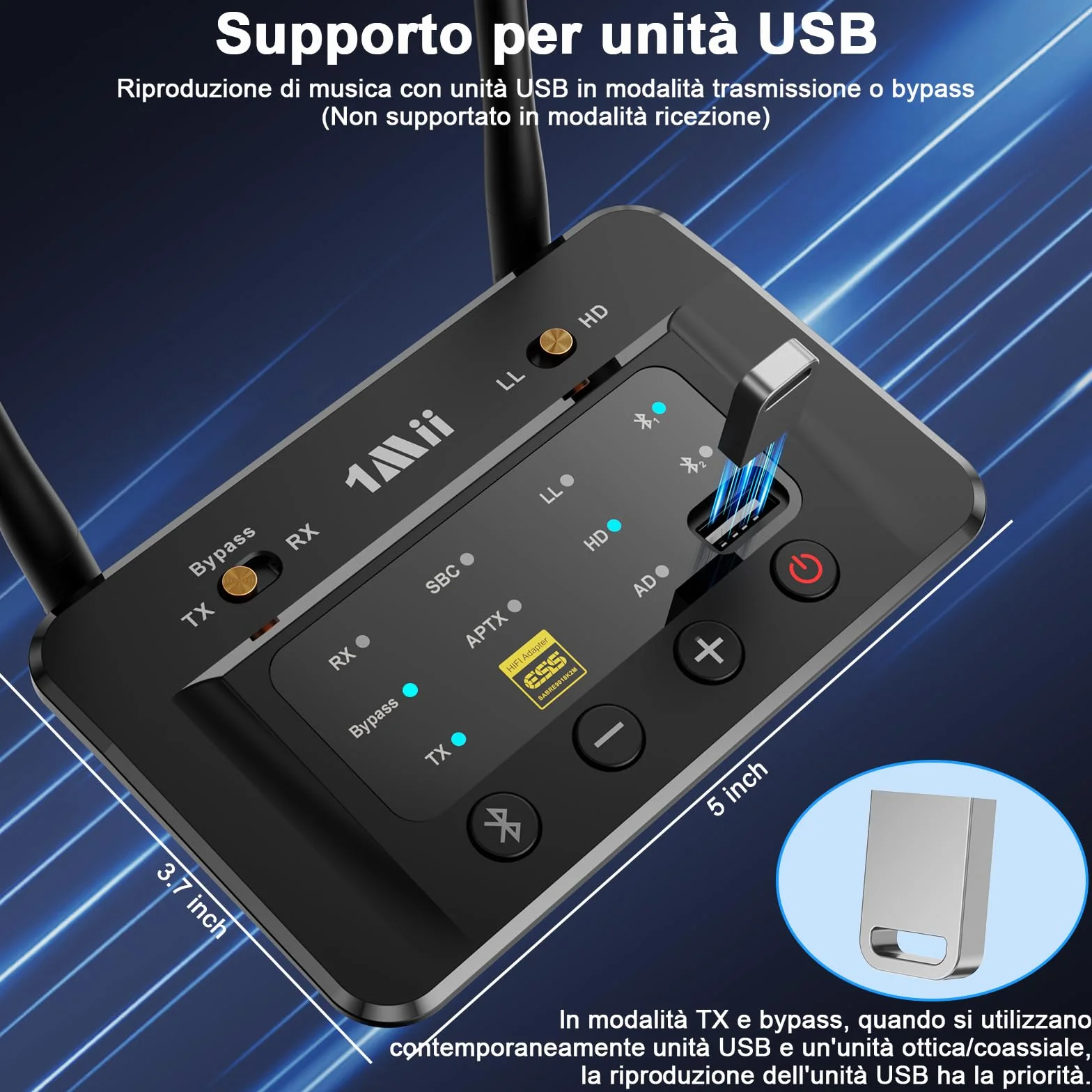 1Mii B03S Trasmettitore Ricevitore Bluetooth 5.3 per TV Cuffie, Adattatore Audio HiFi con Chip DAC ESS, aptX LL/Adaptive/HD, Ottico/Jack 3.5mm AUX (RCA), Lungo Raggio per PC/Stereo, Dual Link