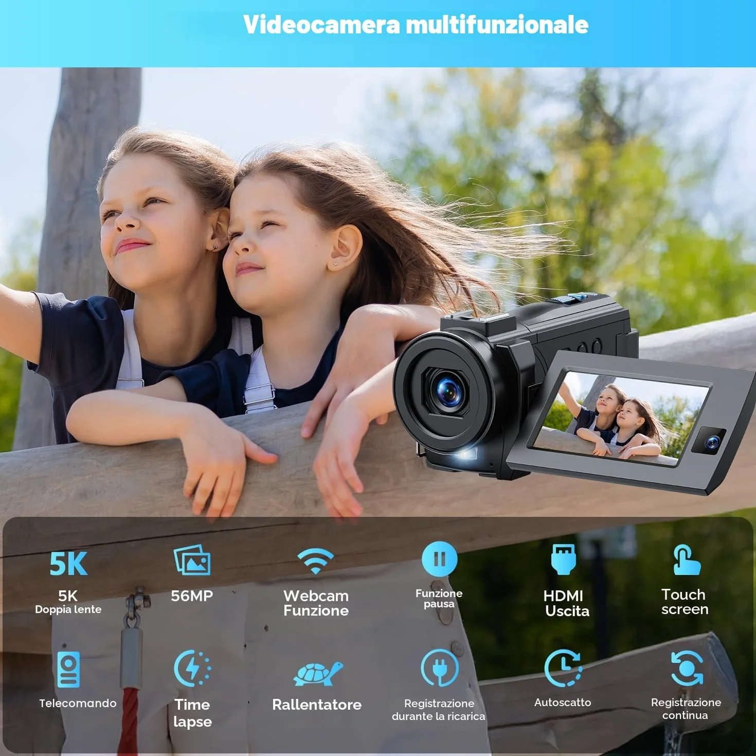 Videocamera Camcorder 5K 56MP Doppio Obiettivo 16X WiFi IR Night Vision Video Camera 3.0" Touchscreen Vlogging Camera per YouTube con 2 Batterie,Scheda 64G,Paraluce,microfono