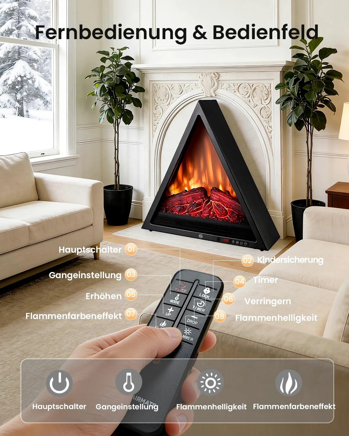 AIRMATE Camino Elettrico, 1800W Triangolare Caminetto Elettrico con Riscaldamento, Effetto Fiamma 3D, Camino Elettrico 4 colori di fiamma, Camino con telecomando, Stufa Elettrica 24H Timer