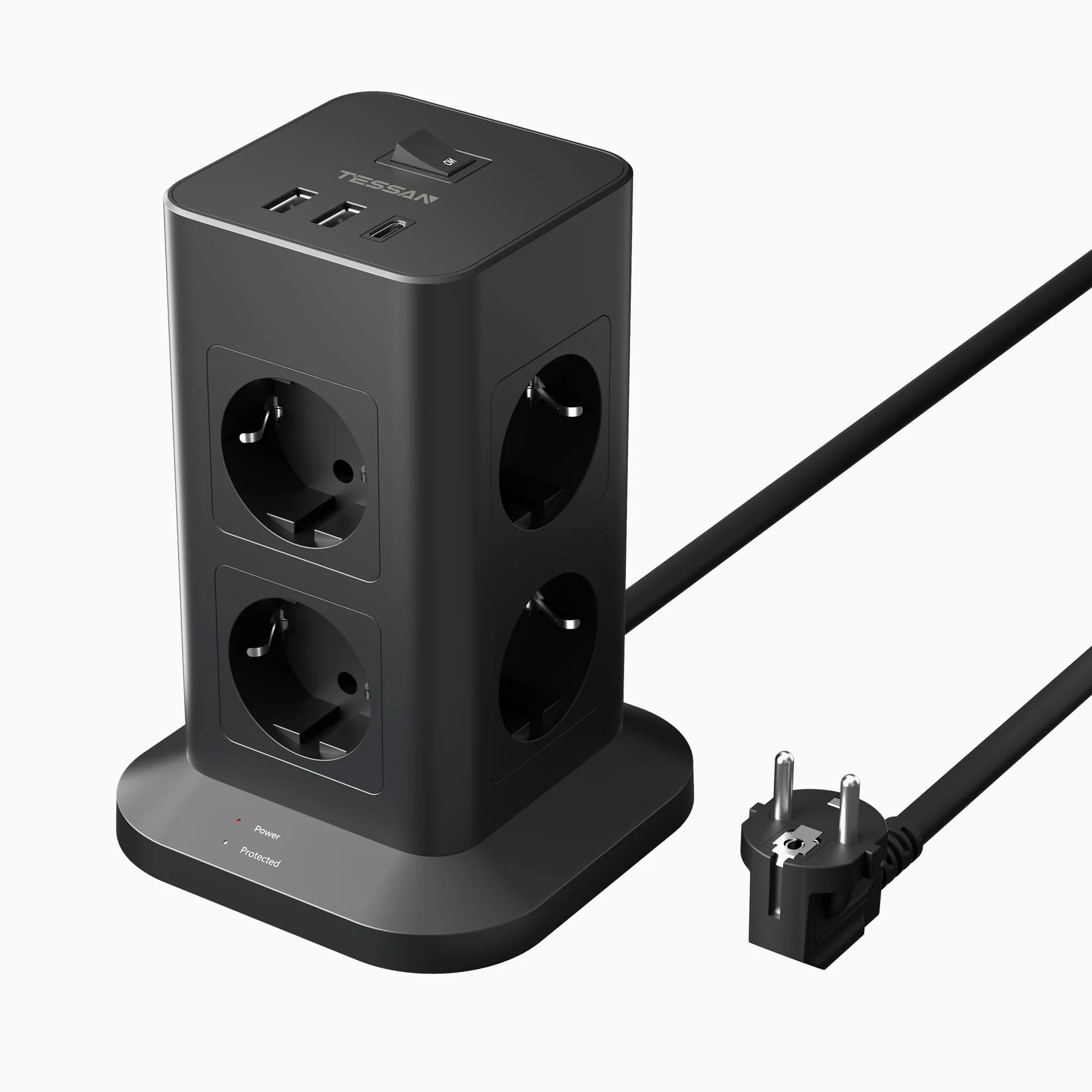 TESSAN 8 Prese Ciabatta Multipresa con USB, Ciabatta Elettrica con Cavo 2M, Torretta Multipresa con Protezione Sovratensione 1700J, Adattatore Prese Elettriche per Casa, Ufficio, Nero