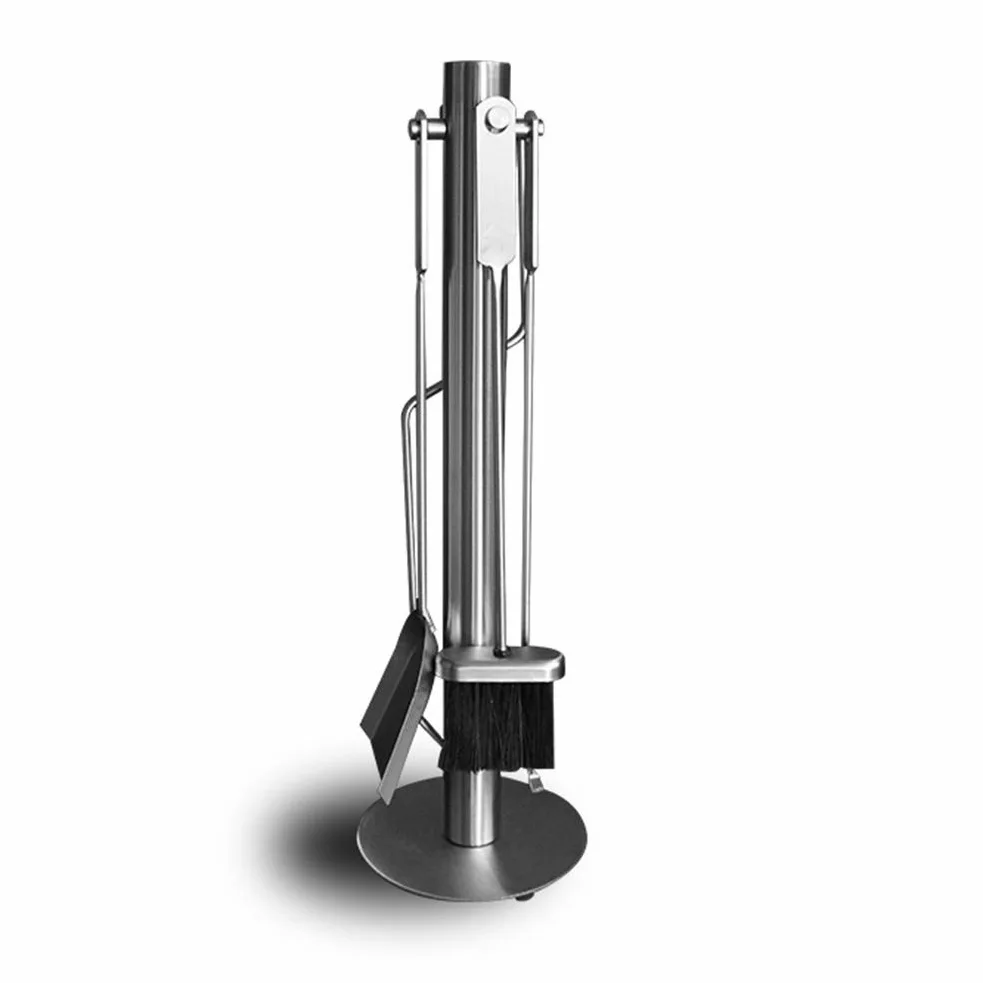 Set di 5 attrezzi da camino in acciaio inox con moderno supporto antiruggine resistente, include pala, spazzola, attizzatoio e pinze