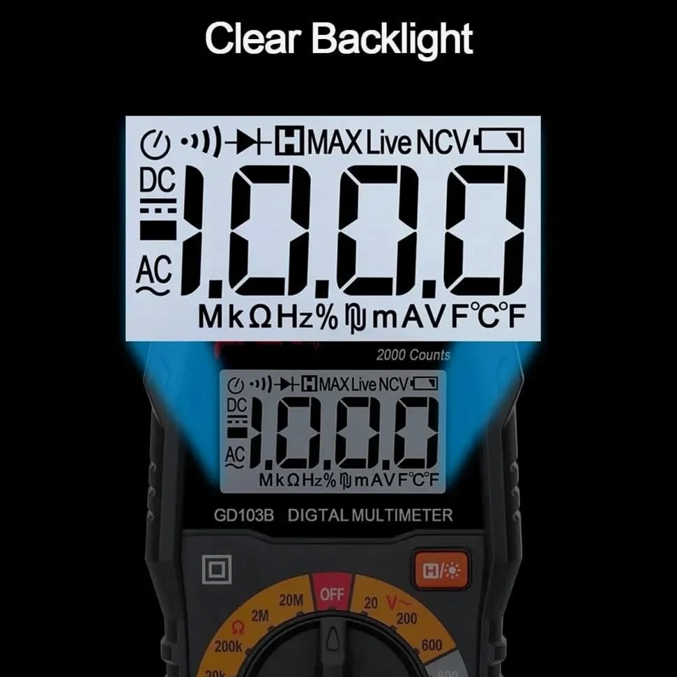 TsoLay Multimetro Digitale, Voltmetro CA CC, Tester di Tensione diodi per Test di continuità con Custodia, Letture Accurate Ohm Volt Amp, per Presa Domestica, Test Batteria per Autoveicoli