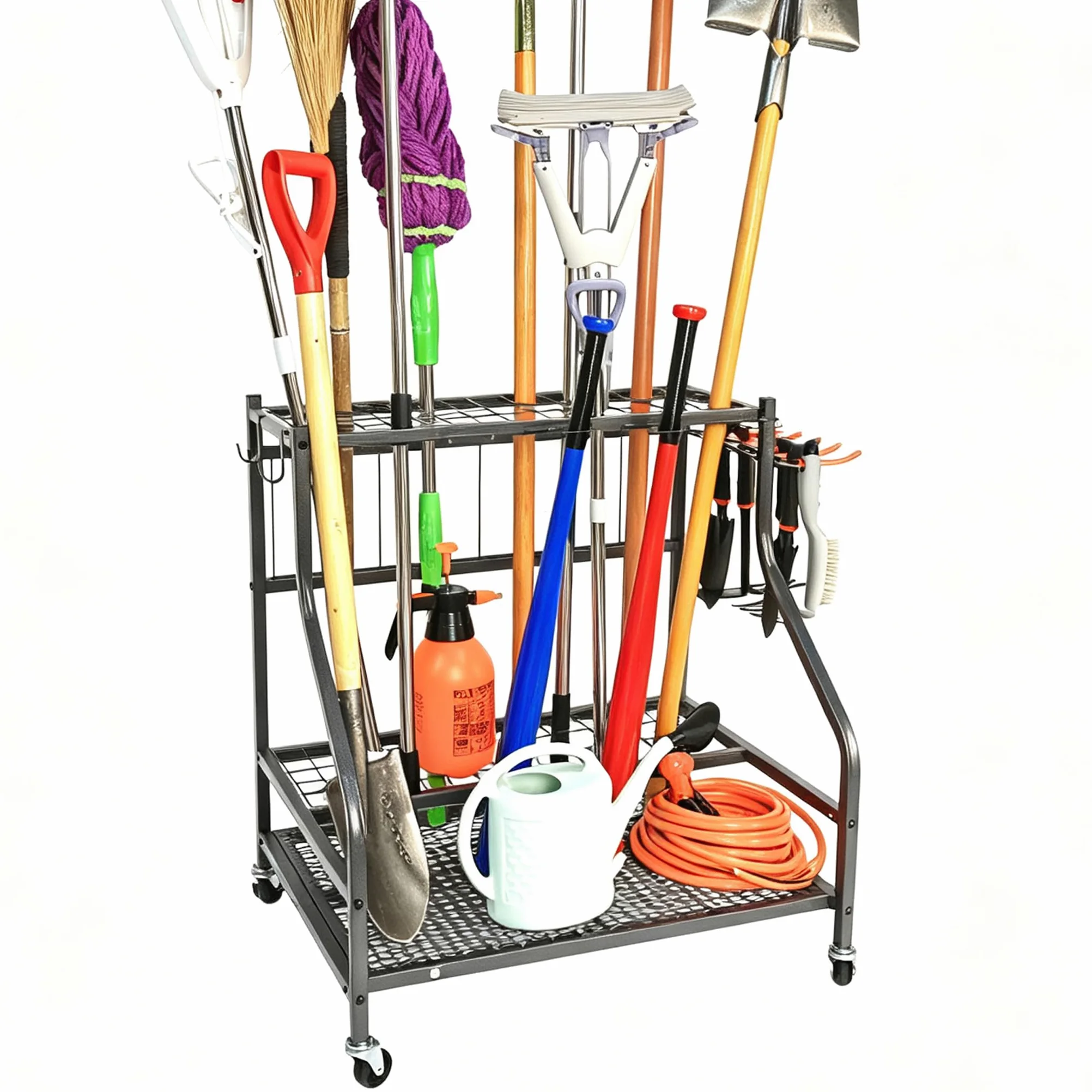 Sinoer Scaffale per attrezzi da giardino con ganci e ruote, organizer per garage, ripiani in metallo a 3 livelli, supporto per prato, capannone e cortile
